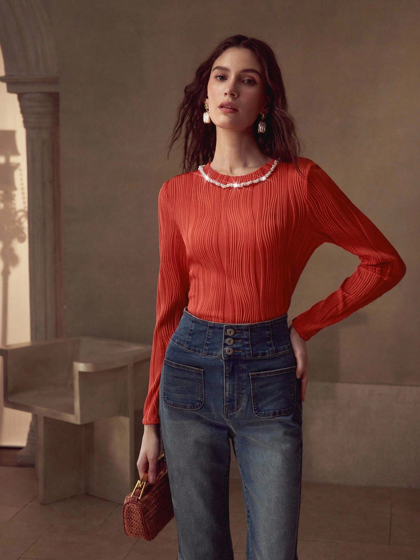 CM-TS454155 Women Elegant Seoul Style Round Neck Long Sleeve Faux Pearl Trim Slim Fit T-Shirt - Orange