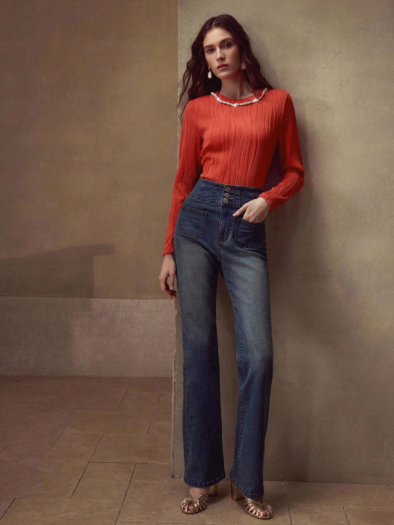 CM-TS454155 Women Elegant Seoul Style Round Neck Long Sleeve Faux Pearl Trim Slim Fit T-Shirt - Orange