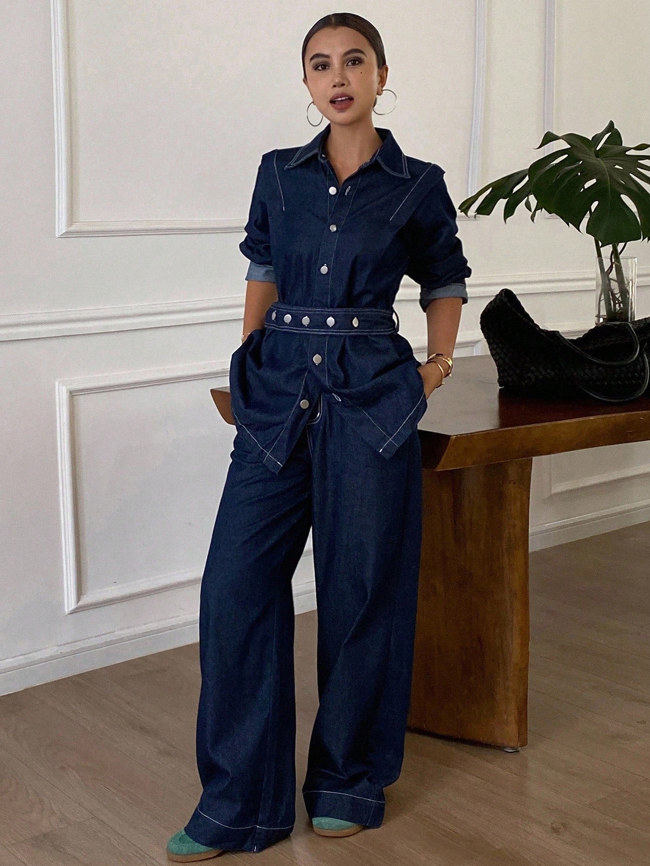 CM-SS216571 Women Elegant Seoul Style Collar Neckline Long Sleeve Belted Denim Blouse With Pants - Set
