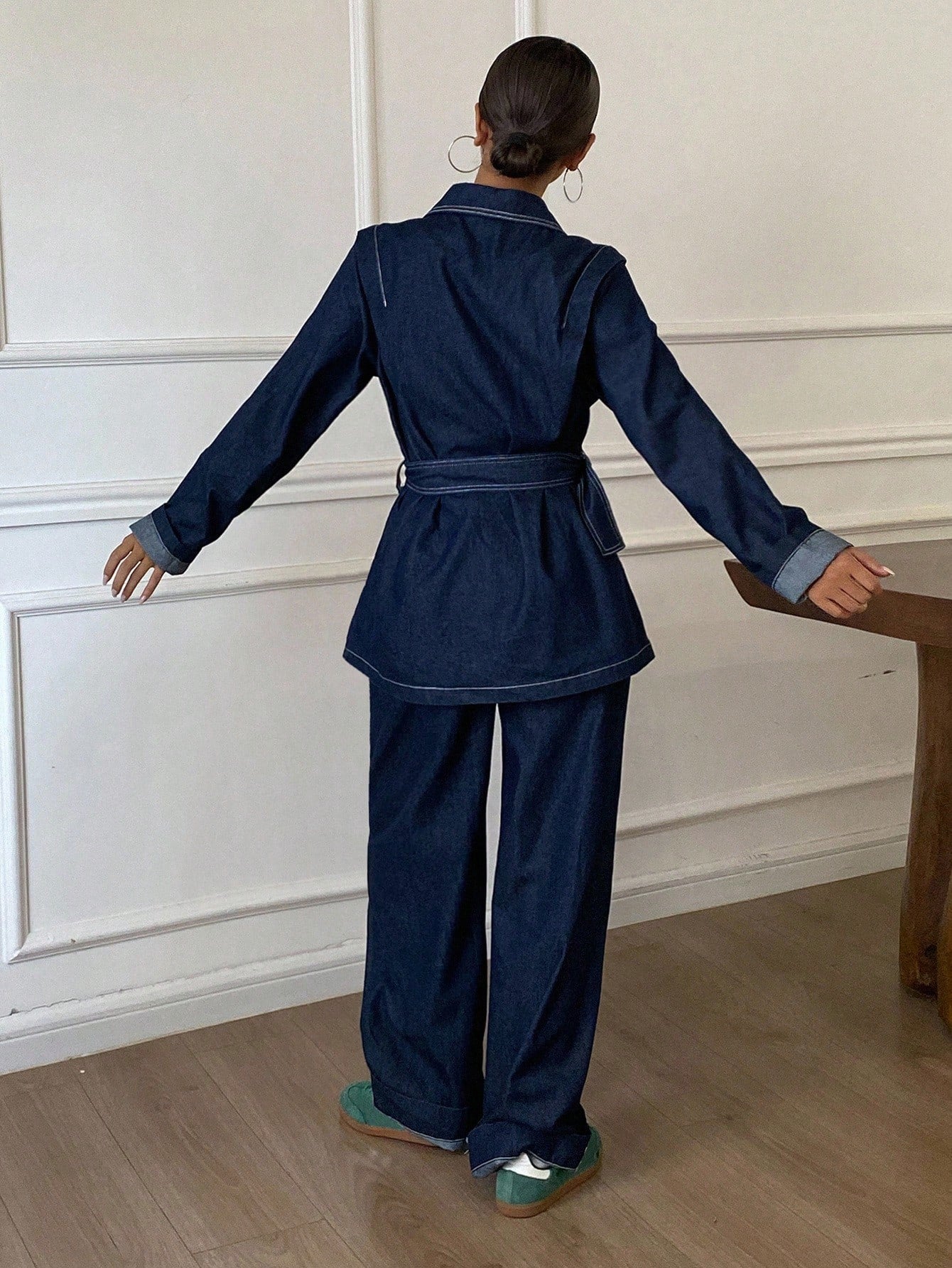 CM-SS216571 Women Elegant Seoul Style Collar Neckline Long Sleeve Belted Denim Blouse With Pants - Set