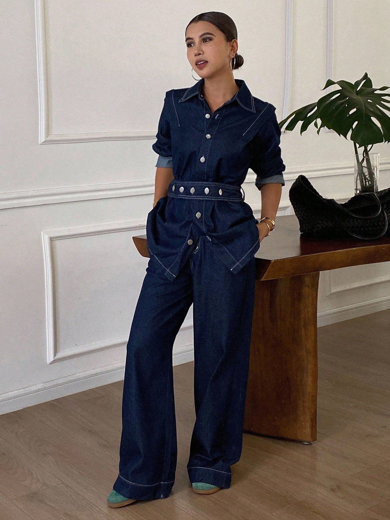 CM-SS216571 Women Elegant Seoul Style Collar Neckline Long Sleeve Belted Denim Blouse With Pants - Set