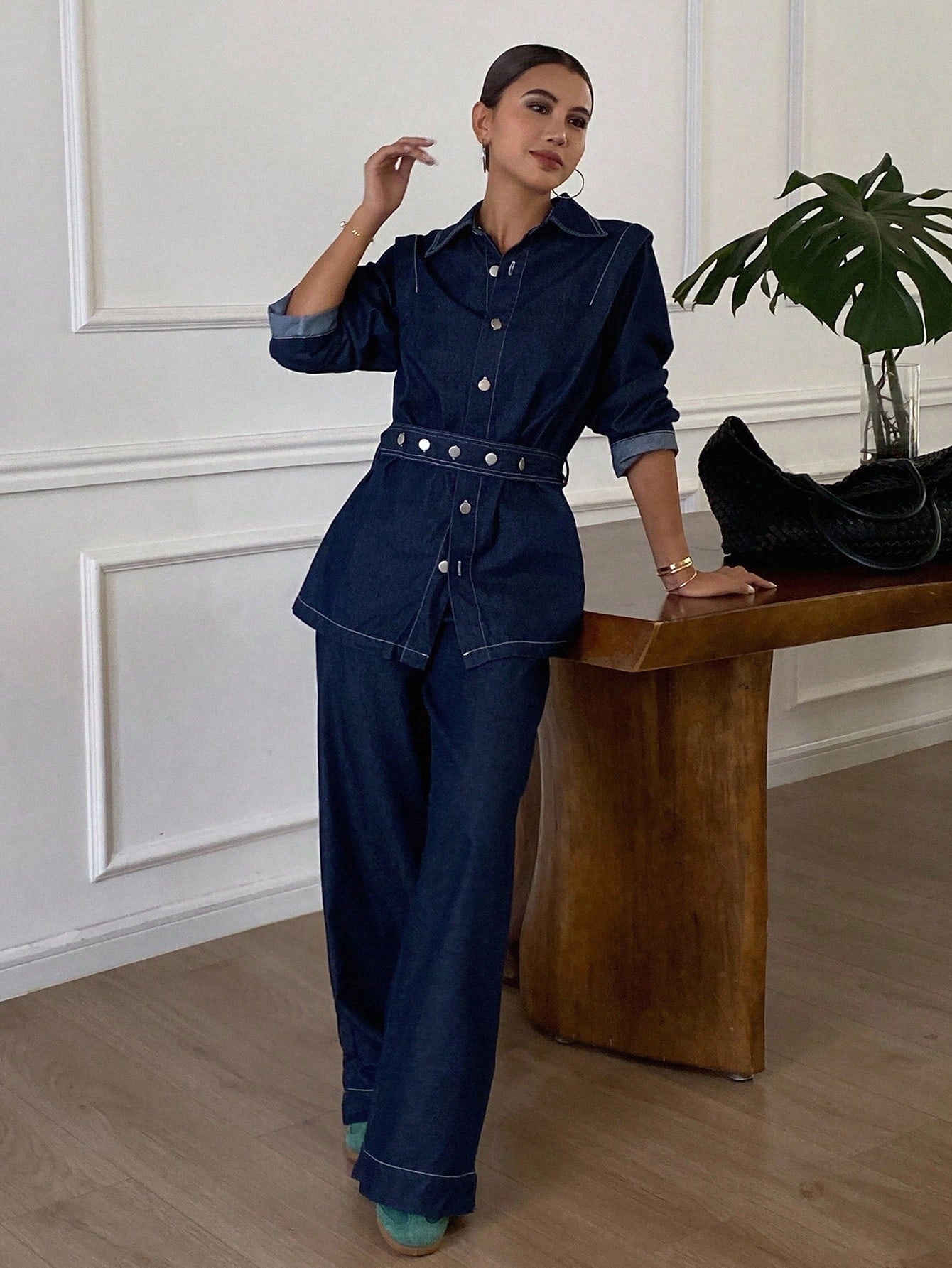 CM-SS216571 Women Elegant Seoul Style Collar Neckline Long Sleeve Belted Denim Blouse With Pants - Set