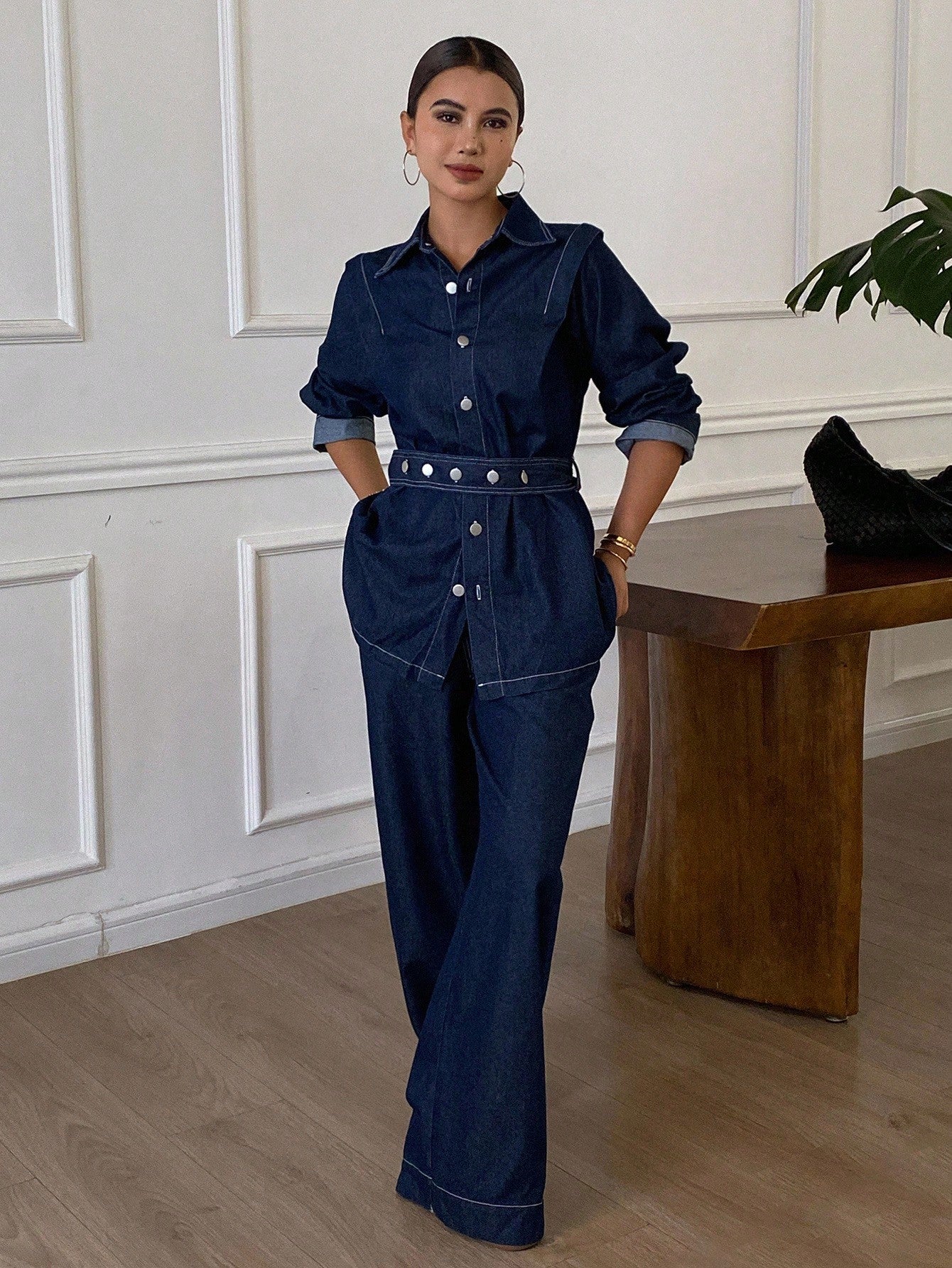 CM-SS216571 Women Elegant Seoul Style Collar Neckline Long Sleeve Belted Denim Blouse With Pants - Set