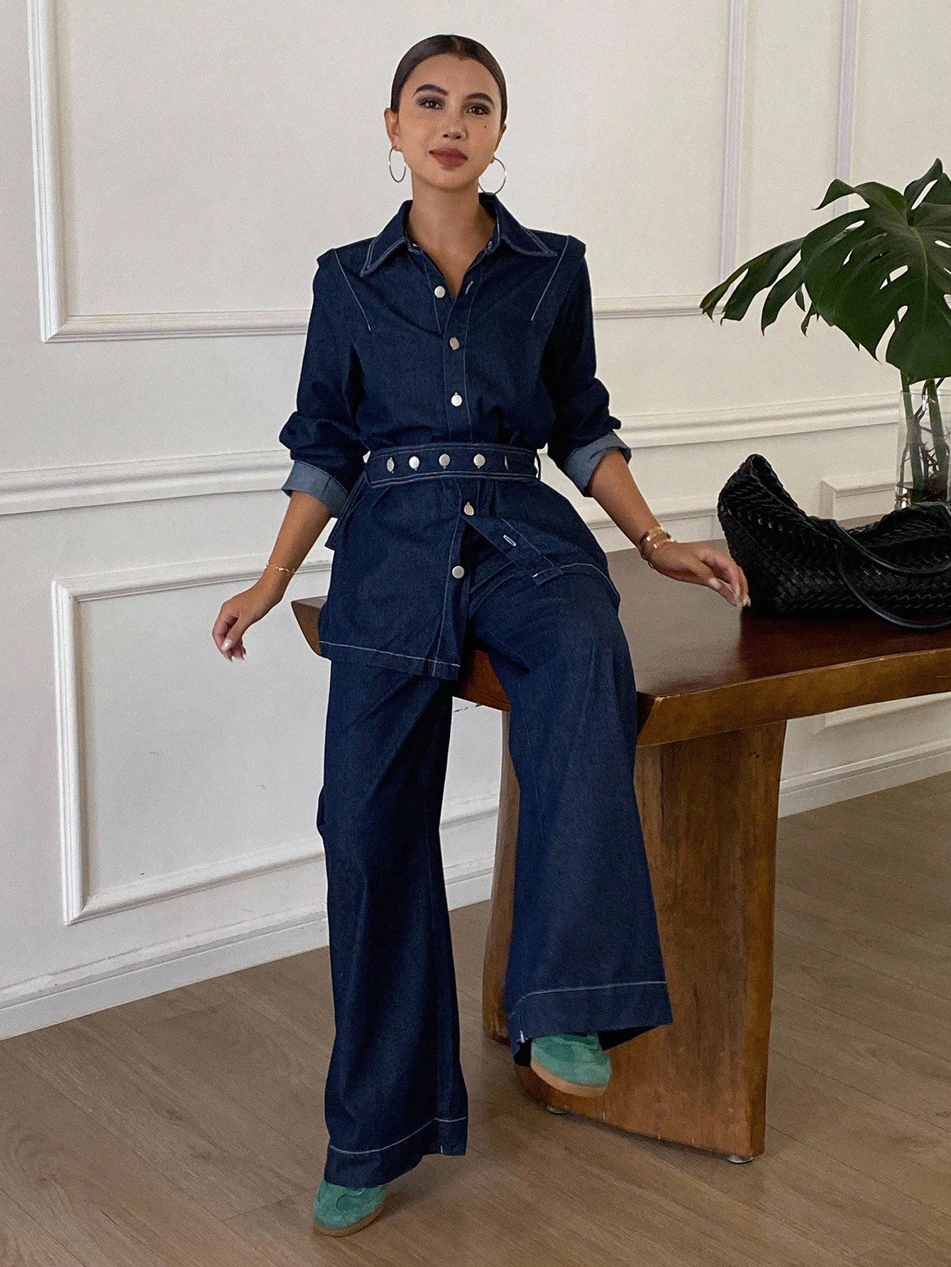 CM-SS216571 Women Elegant Seoul Style Collar Neckline Long Sleeve Belted Denim Blouse With Pants - Set