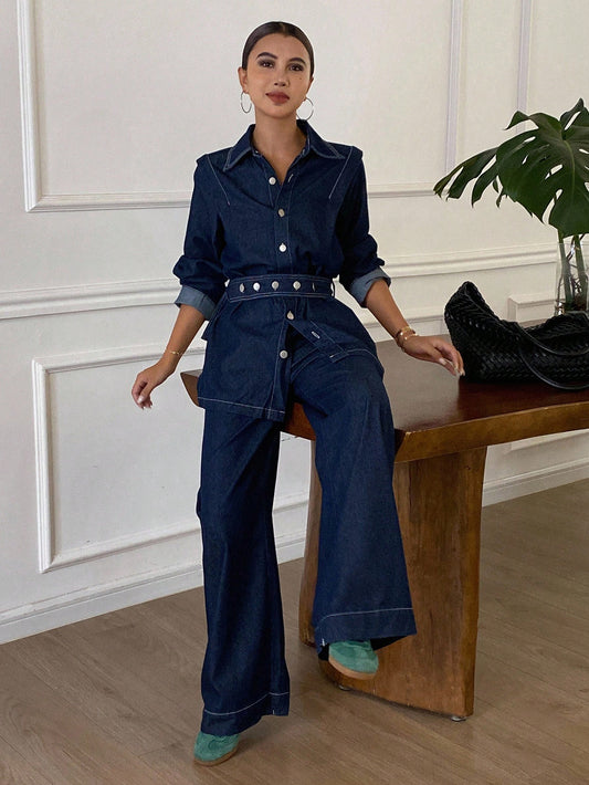 CM-SS216571 Women Elegant Seoul Style Collar Neckline Long Sleeve Belted Denim Blouse With Pants - Set