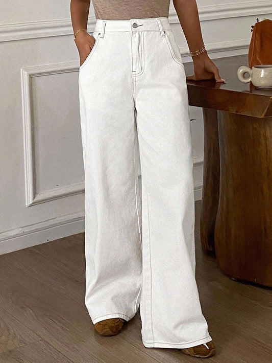 CM-BS651130 Women Casual Seoul Style Solid Color Mid Waist Loose Wide Leg Jeans - White