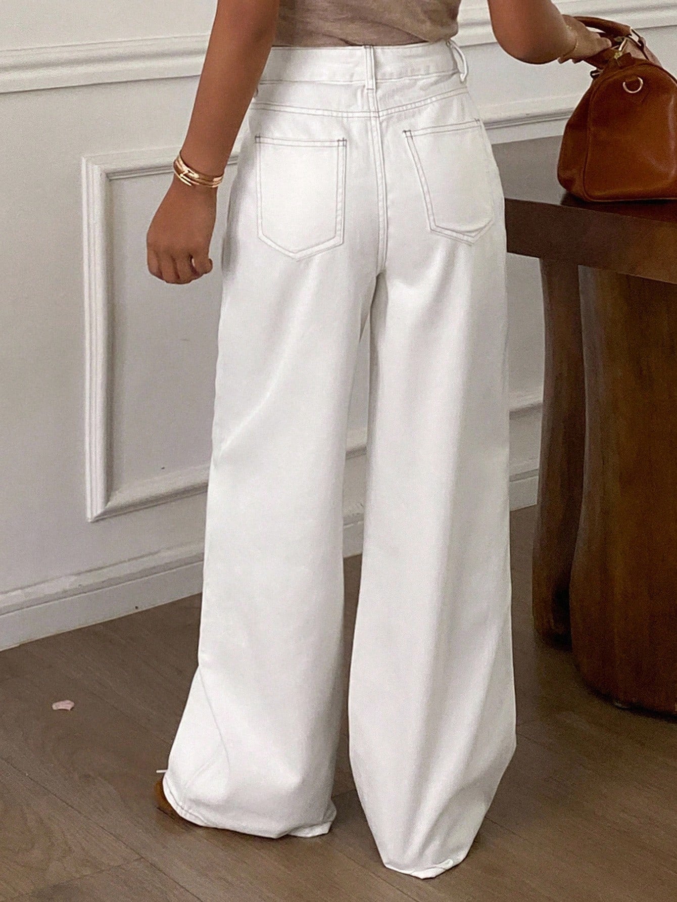 CM-BS651130 Women Casual Seoul Style Solid Color Mid Waist Loose Wide Leg Jeans - White