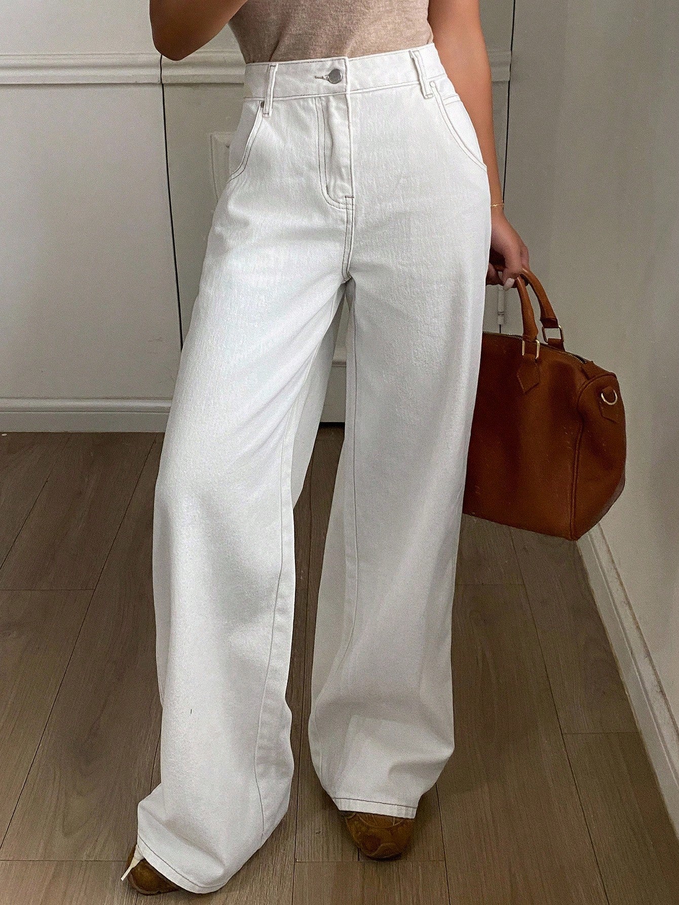 CM-BS651130 Women Casual Seoul Style Solid Color Mid Waist Loose Wide Leg Jeans - White