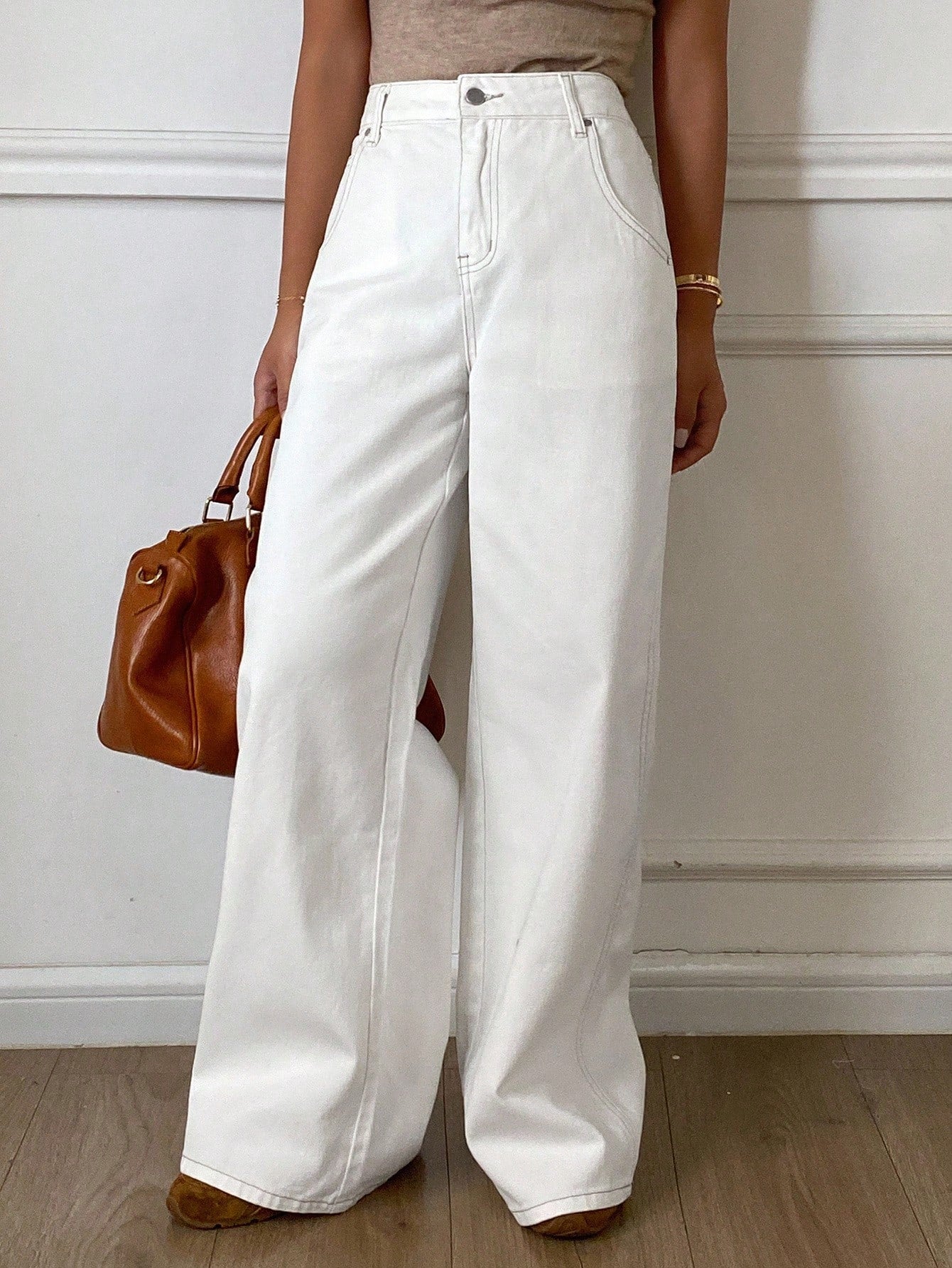 CM-BS651130 Women Casual Seoul Style Solid Color Mid Waist Loose Wide Leg Jeans - White