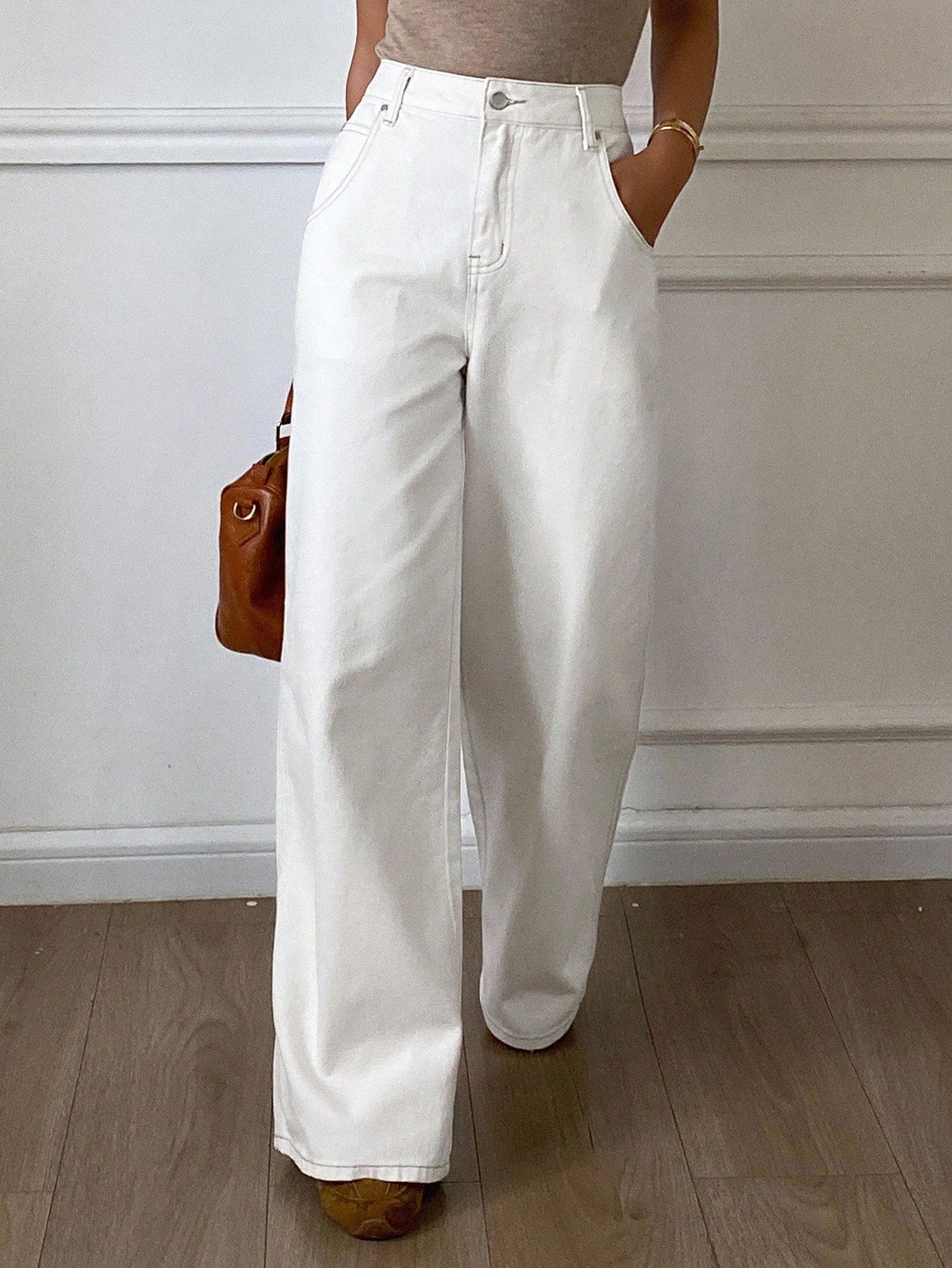 CM-BS651130 Women Casual Seoul Style Solid Color Mid Waist Loose Wide Leg Jeans - White