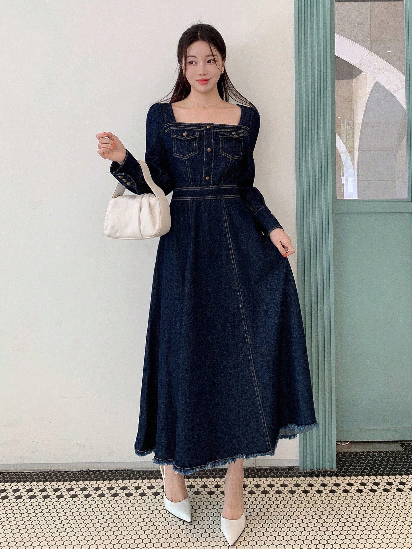 CM-DS105473 Women Casual Seoul Style Dark Wash Square Neck Long Sleeve Pocket Decor Waist Cinched Denim Dress