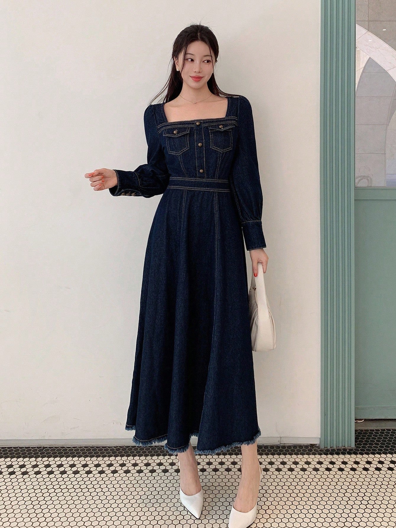 CM-DS105473 Women Casual Seoul Style Dark Wash Square Neck Long Sleeve Pocket Decor Waist Cinched Denim Dress