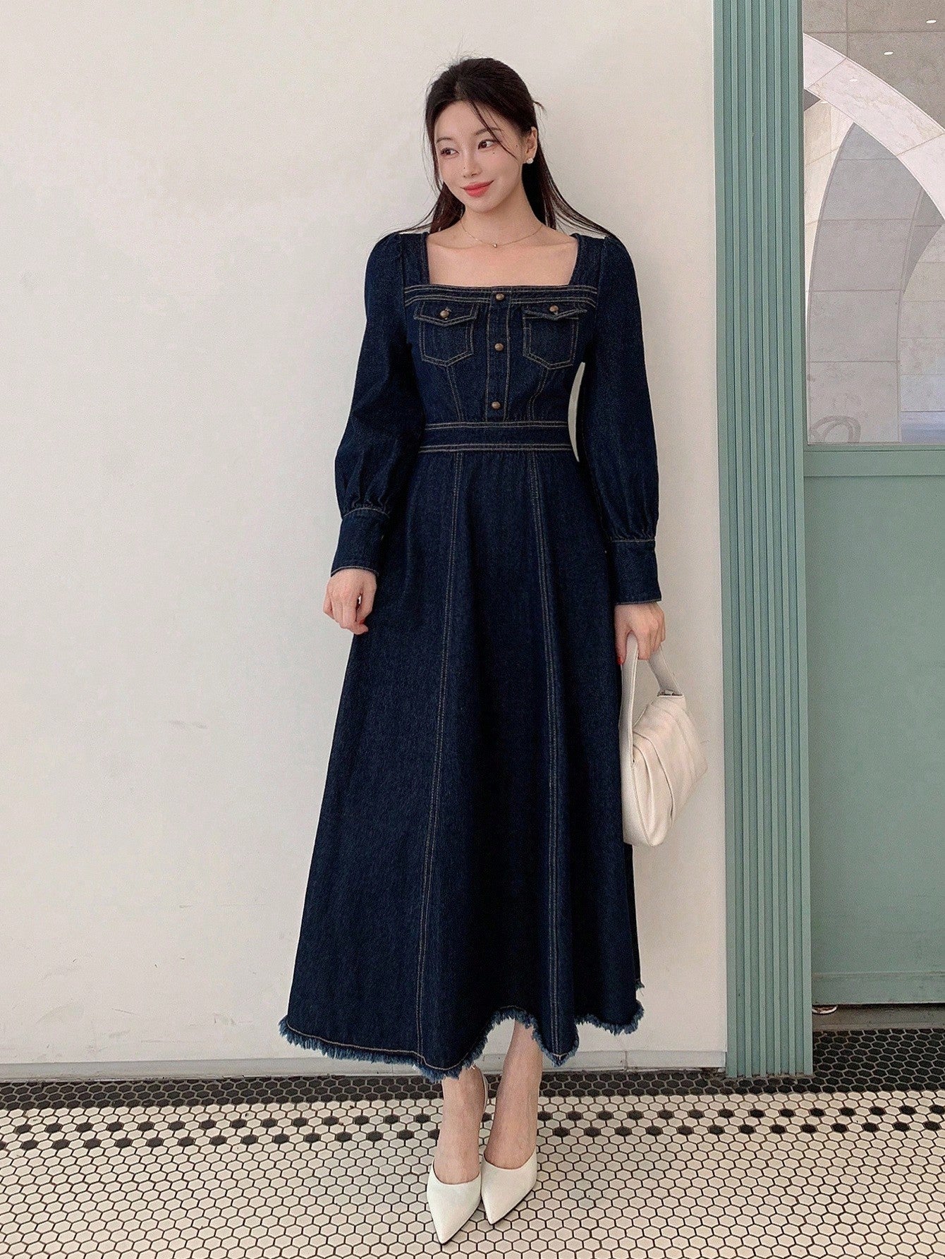 CM-DS105473 Women Casual Seoul Style Dark Wash Square Neck Long Sleeve Pocket Decor Waist Cinched Denim Dress