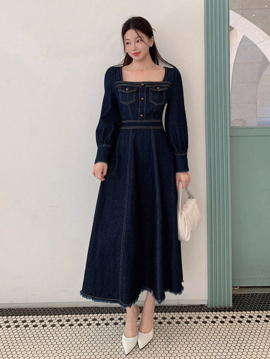 CM-DS105473 Women Casual Seoul Style Dark Wash Square Neck Long Sleeve Pocket Decor Waist Cinched Denim Dress