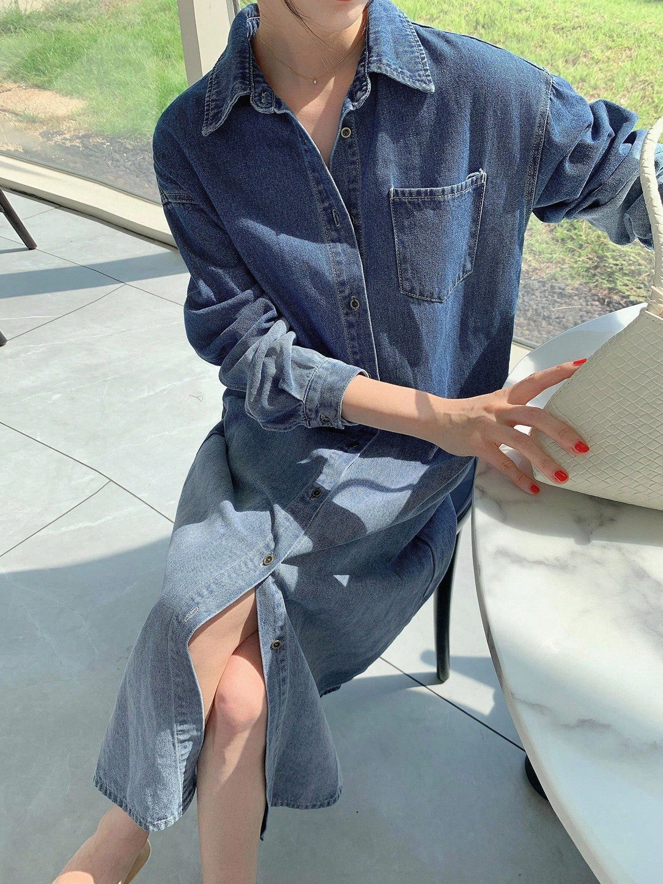 CM-DS377408 Women Casual Seoul Style Collar Neckline Long Sleeve Ombre Mid-Length Denim Shirt Dress