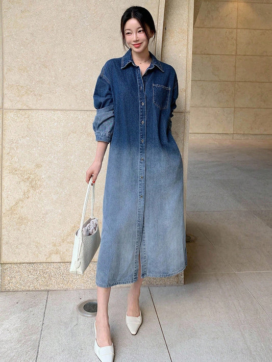 CM-DS377408 Women Casual Seoul Style Collar Neckline Long Sleeve Ombre Mid-Length Denim Shirt Dress