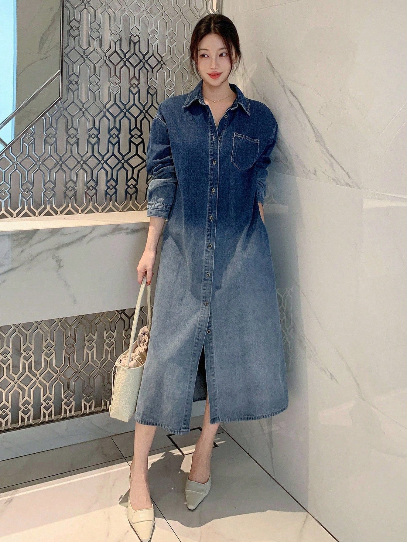 CM-DS377408 Women Casual Seoul Style Collar Neckline Long Sleeve Ombre Mid-Length Denim Shirt Dress