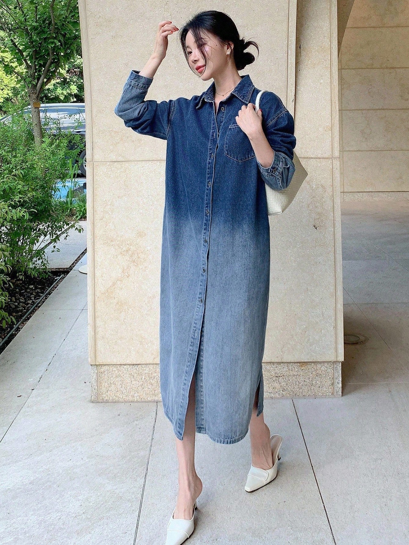 CM-DS377408 Women Casual Seoul Style Collar Neckline Long Sleeve Ombre Mid-Length Denim Shirt Dress