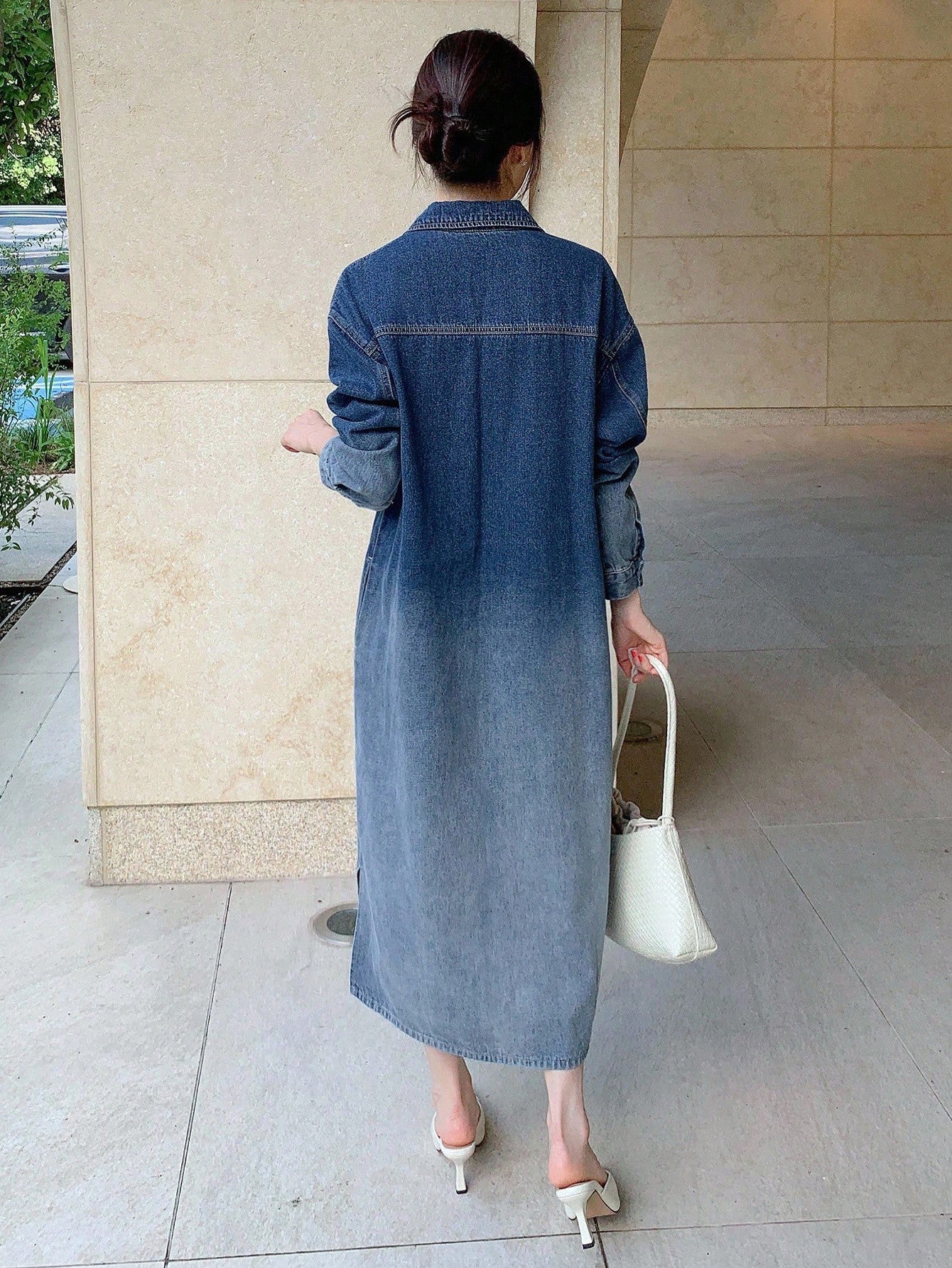 CM-DS377408 Women Casual Seoul Style Collar Neckline Long Sleeve Ombre Mid-Length Denim Shirt Dress