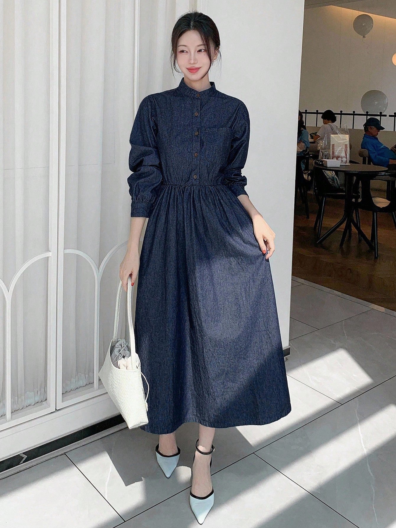 CM-DS435573 Women Casual Seoul Style Dark Wash Stand Collar Long Sleeve Belted Half-Placket Denim Dress