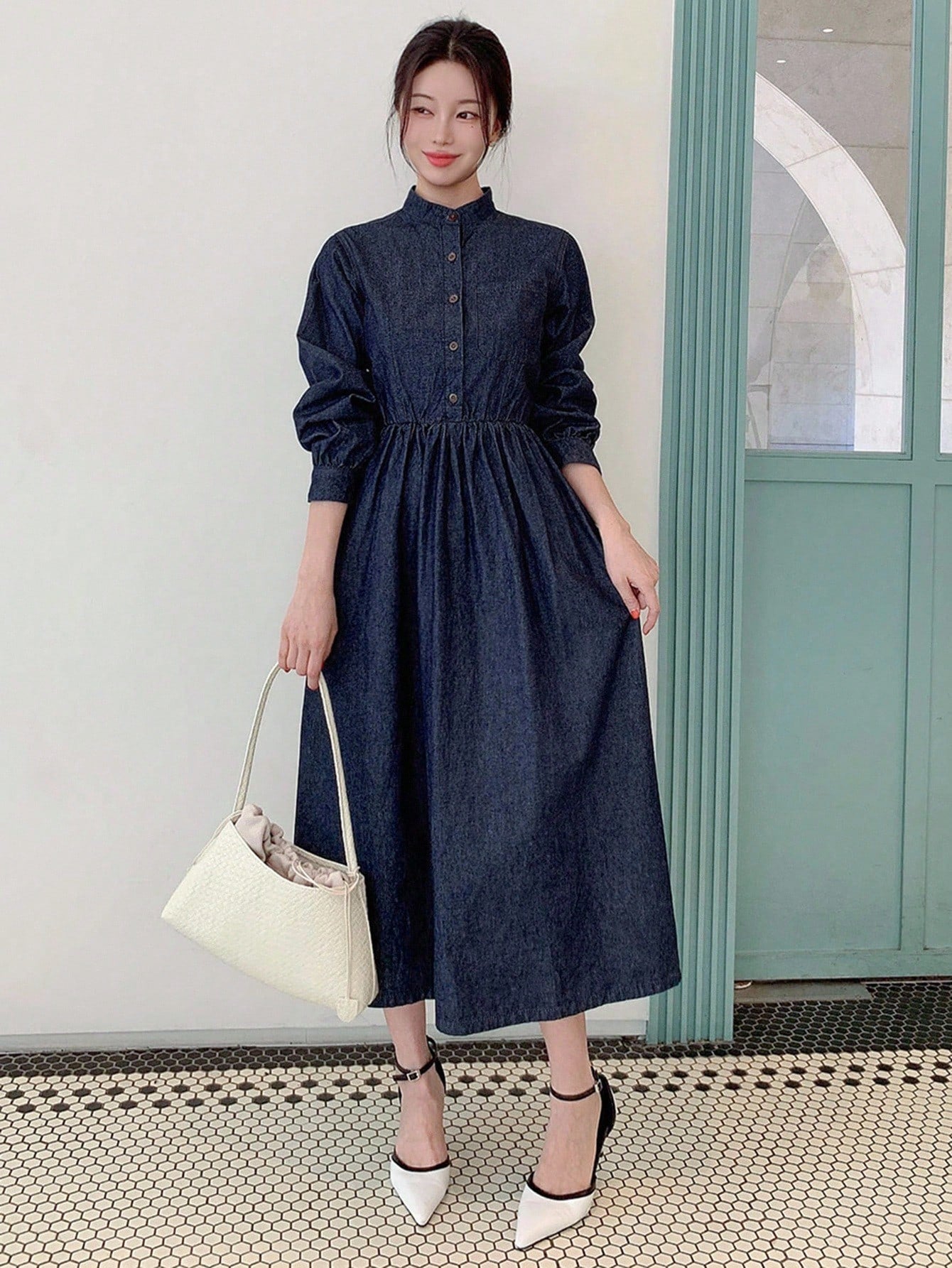 CM-DS435573 Women Casual Seoul Style Dark Wash Stand Collar Long Sleeve Belted Half-Placket Denim Dress