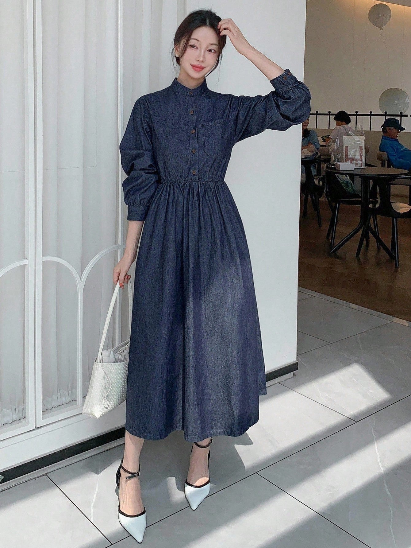 CM-DS435573 Women Casual Seoul Style Dark Wash Stand Collar Long Sleeve Belted Half-Placket Denim Dress