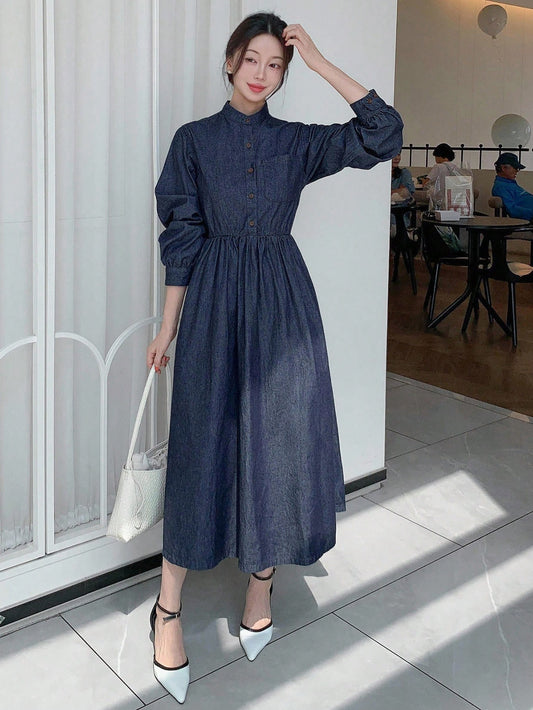 CM-DS435573 Women Casual Seoul Style Dark Wash Stand Collar Long Sleeve Belted Half-Placket Denim Dress