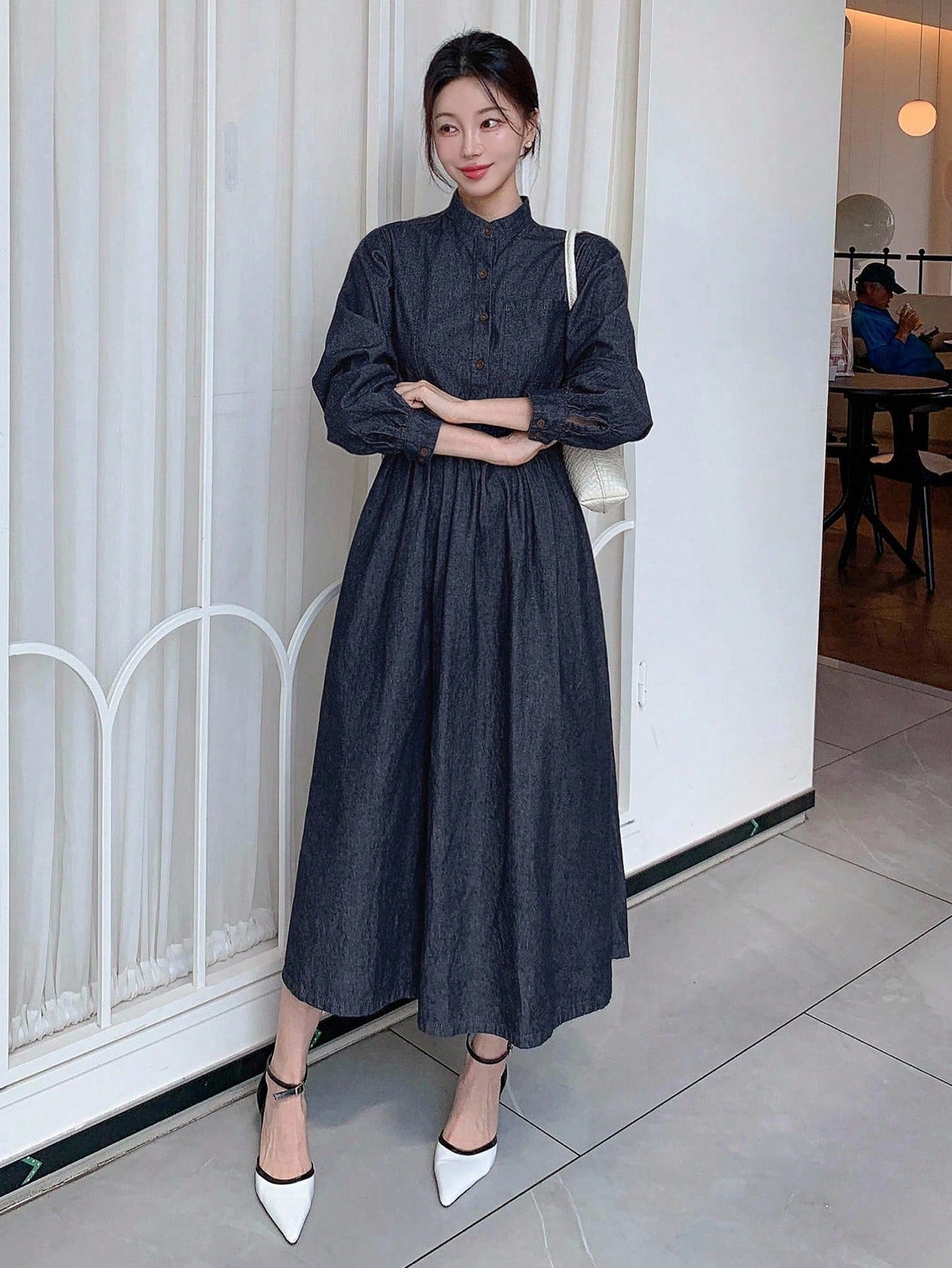 CM-DS435573 Women Casual Seoul Style Dark Wash Stand Collar Long Sleeve Belted Half-Placket Denim Dress