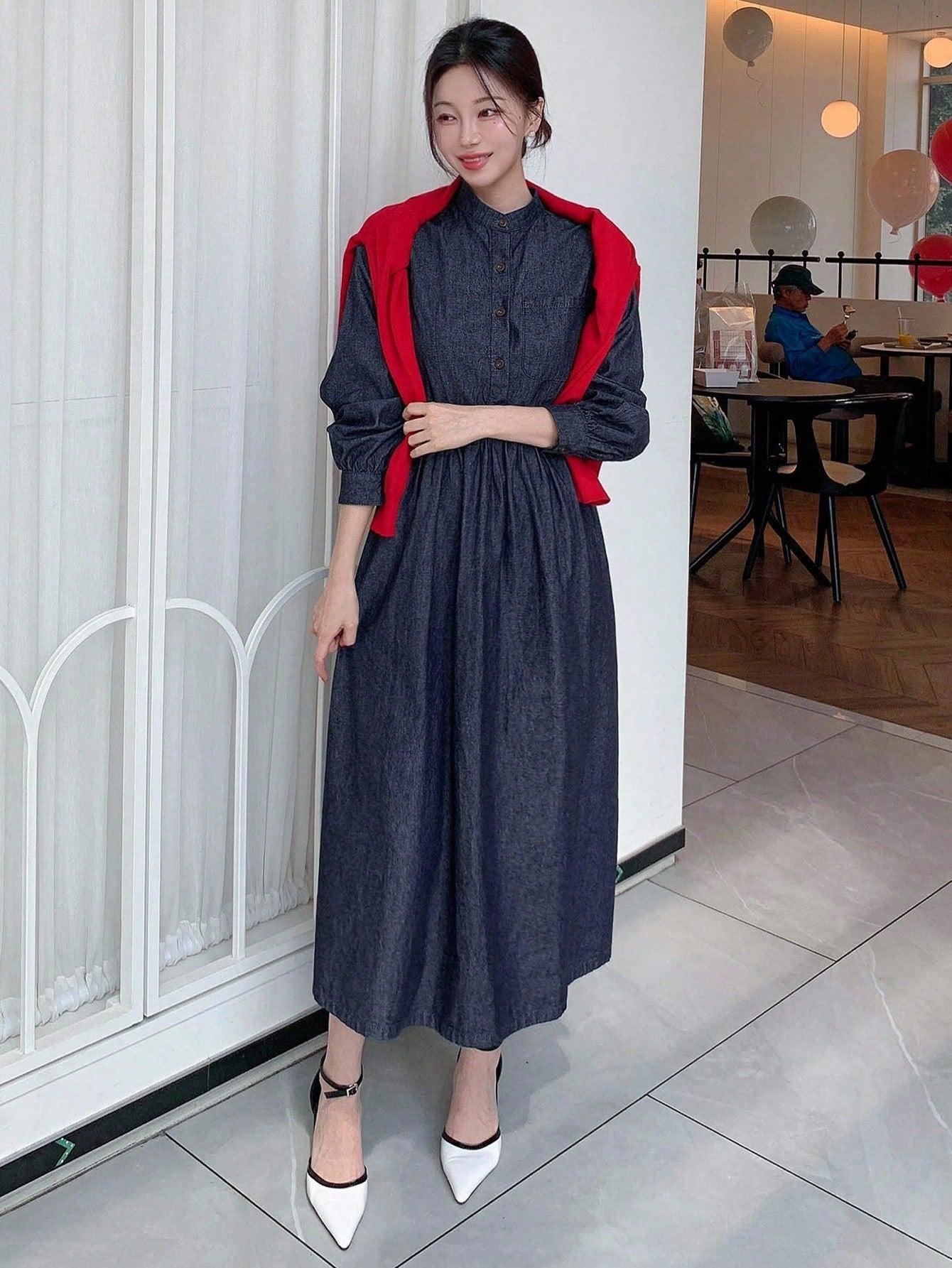 CM-DS435573 Women Casual Seoul Style Dark Wash Stand Collar Long Sleeve Belted Half-Placket Denim Dress