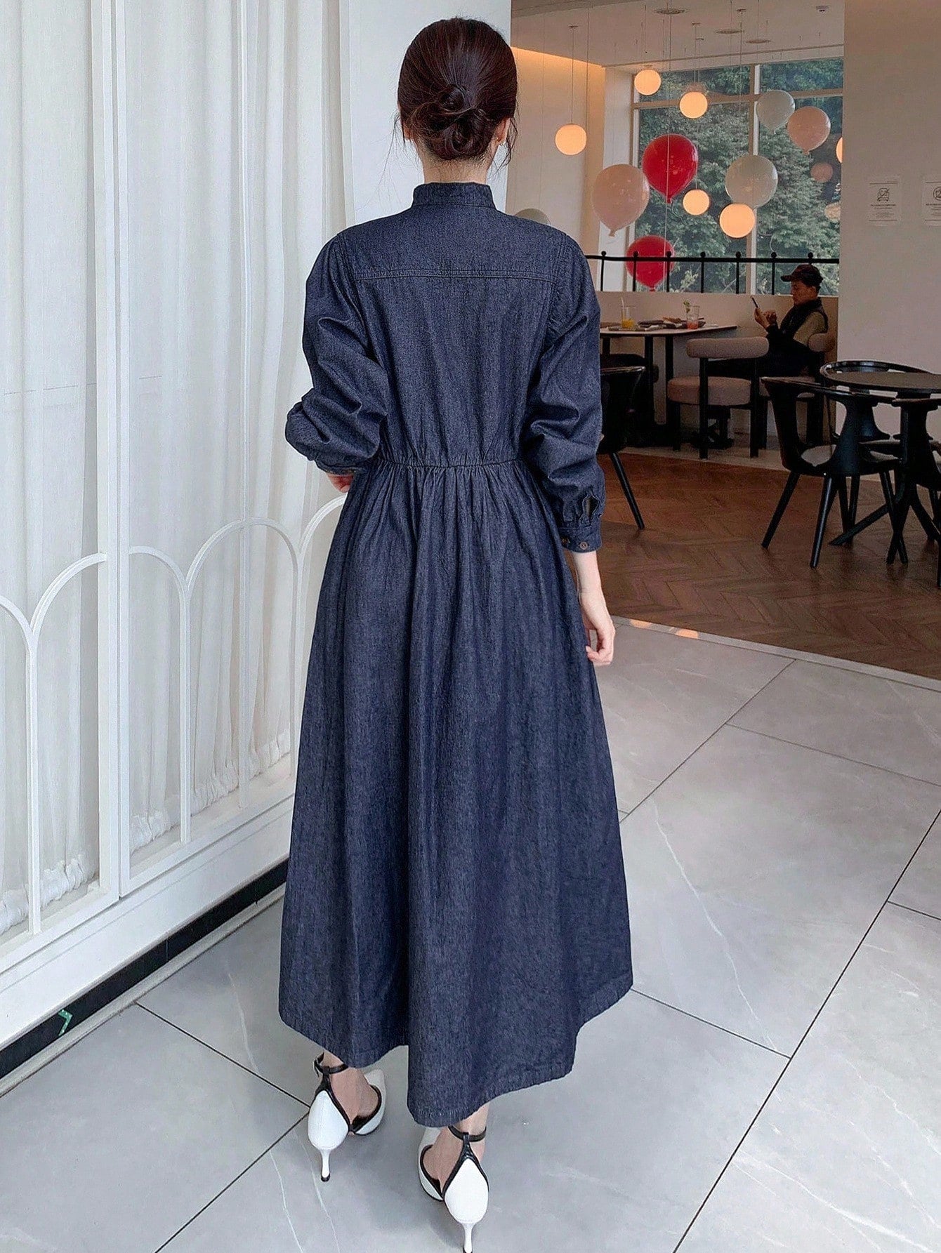 CM-DS435573 Women Casual Seoul Style Dark Wash Stand Collar Long Sleeve Belted Half-Placket Denim Dress