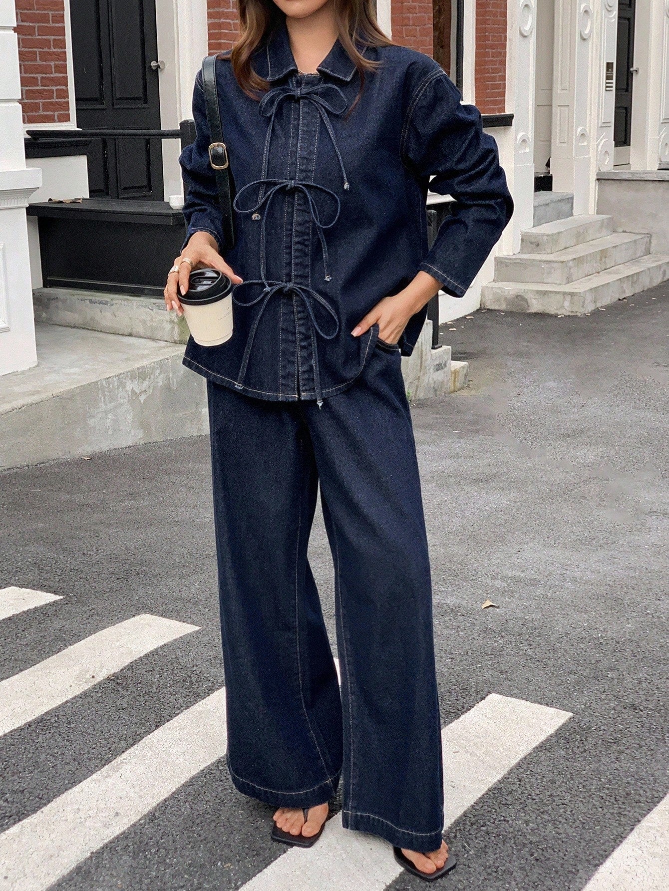 CM-SS338550 Women Elegant Seoul Style Lapel Drop Shoulder Tie Waist Loose Shirt With Denim Pants - Set