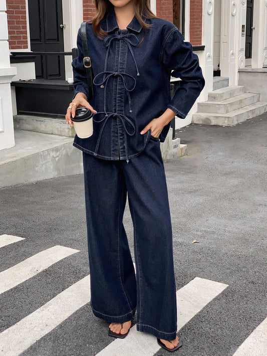 CM-SS338550 Women Elegant Seoul Style Lapel Drop Shoulder Tie Waist Loose Shirt With Denim Pants - Set
