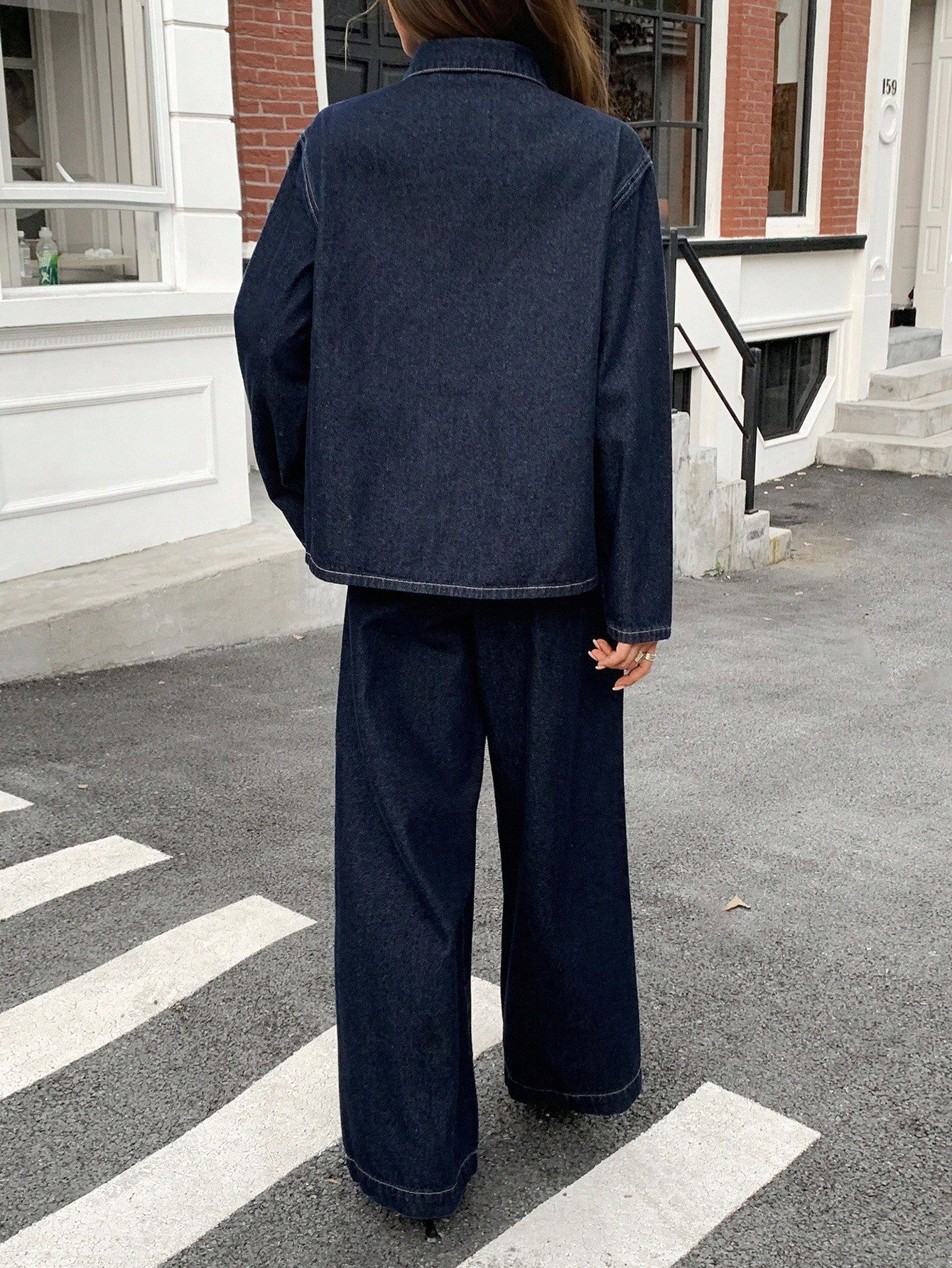 CM-SS338550 Women Elegant Seoul Style Lapel Drop Shoulder Tie Waist Loose Shirt With Denim Pants - Set