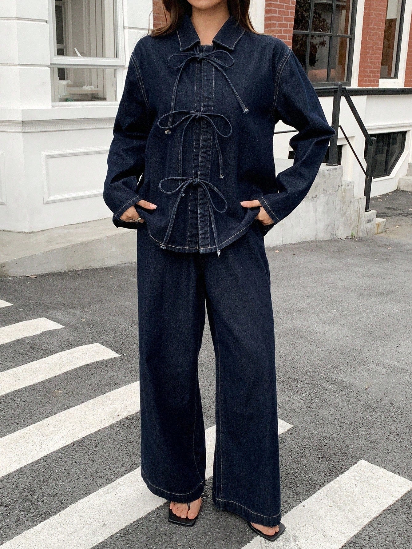 CM-SS338550 Women Elegant Seoul Style Lapel Drop Shoulder Tie Waist Loose Shirt With Denim Pants - Set