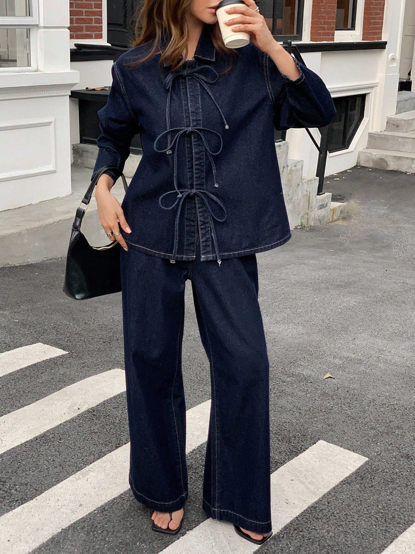 CM-SS338550 Women Elegant Seoul Style Lapel Drop Shoulder Tie Waist Loose Shirt With Denim Pants - Set