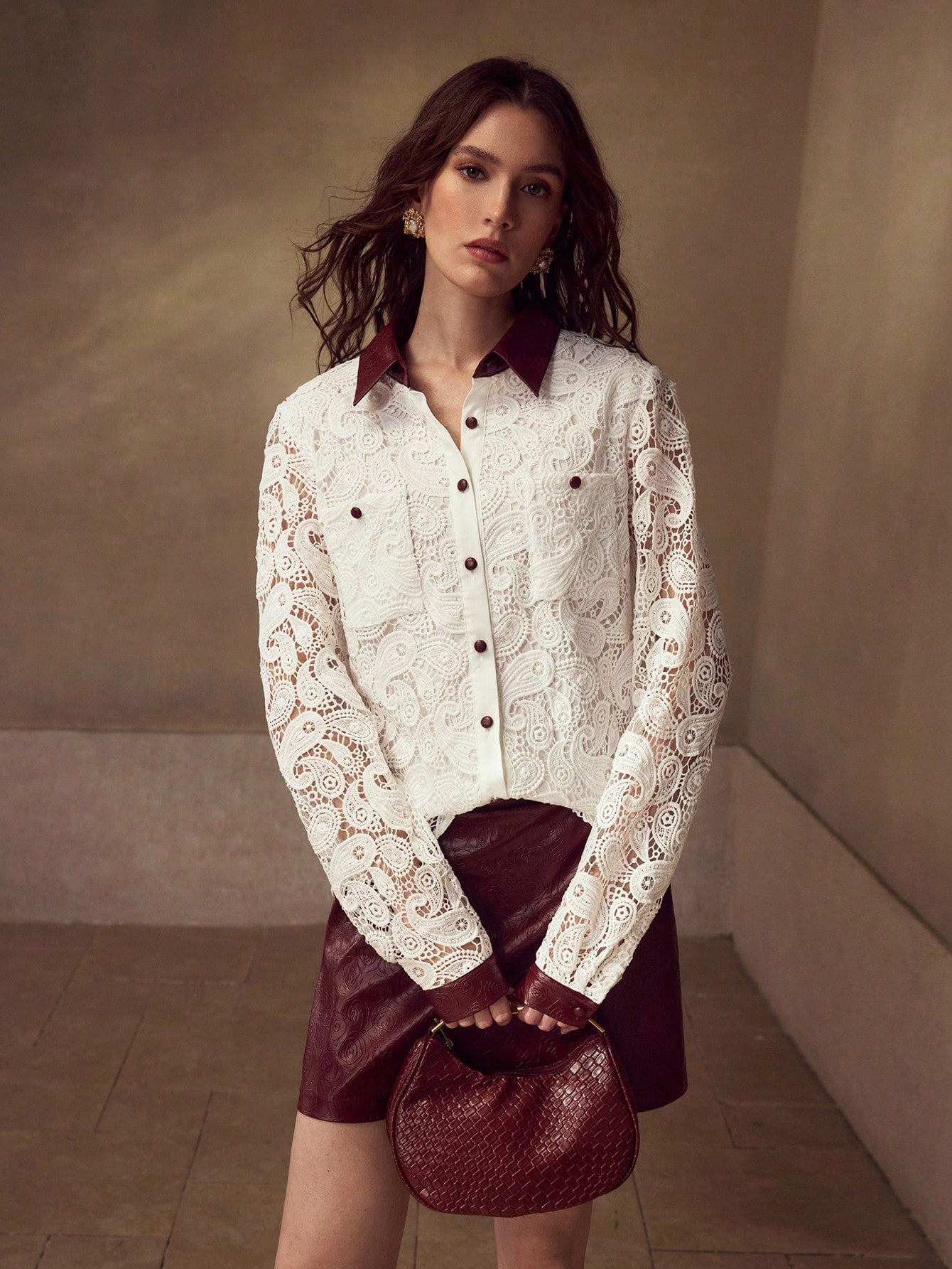 CM-TS870632 Women Elegant Seoul Style Collar Neckline Long Sleeve Embroidered Floral Embossed Leather Patchwork Blouse