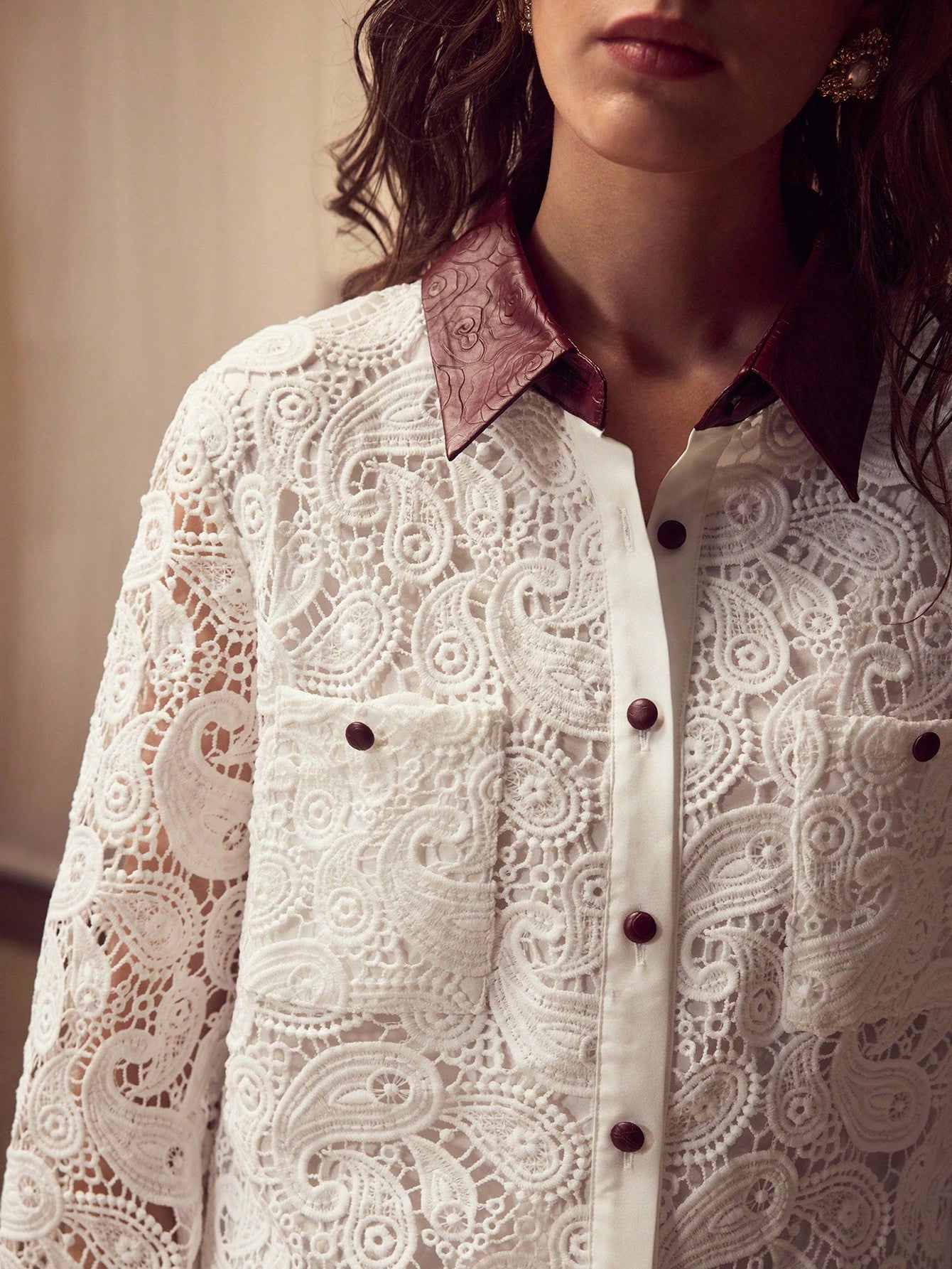 CM-TS870632 Women Elegant Seoul Style Collar Neckline Long Sleeve Embroidered Floral Embossed Leather Patchwork Blouse