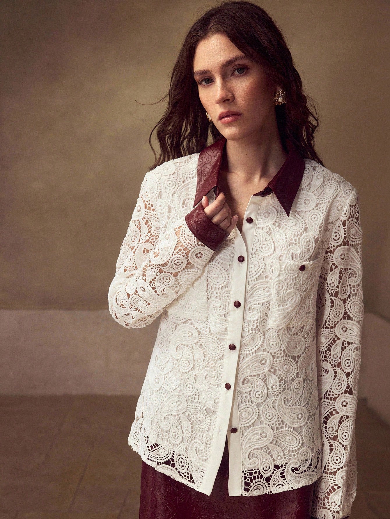 CM-TS870632 Women Elegant Seoul Style Collar Neckline Long Sleeve Embroidered Floral Embossed Leather Patchwork Blouse