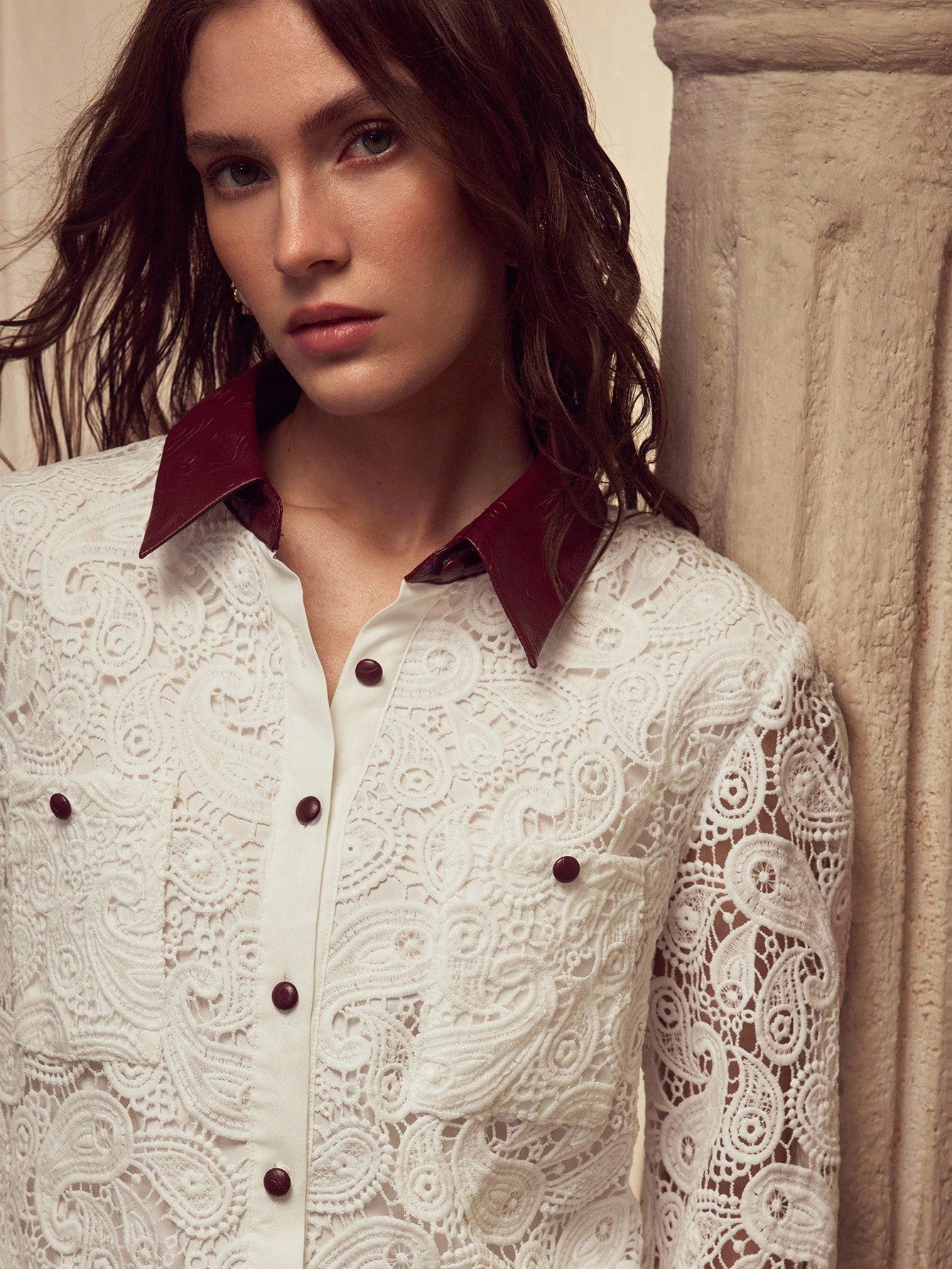 CM-TS870632 Women Elegant Seoul Style Collar Neckline Long Sleeve Embroidered Floral Embossed Leather Patchwork Blouse