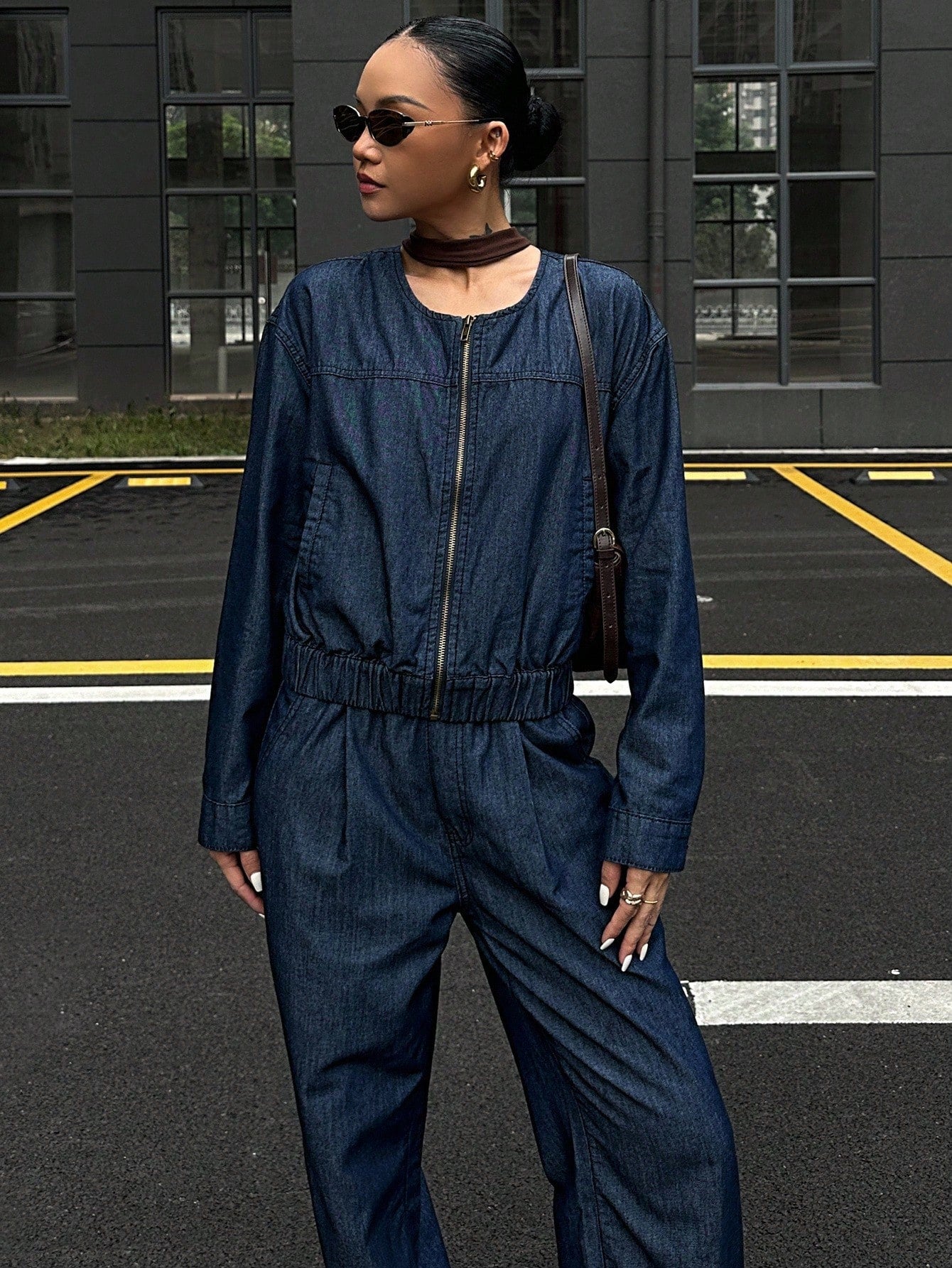 CM-SS660839 Women Elegant Seoul Style Round Neck Long Sleeve Loose Top With Wide Leg Jeans - Set