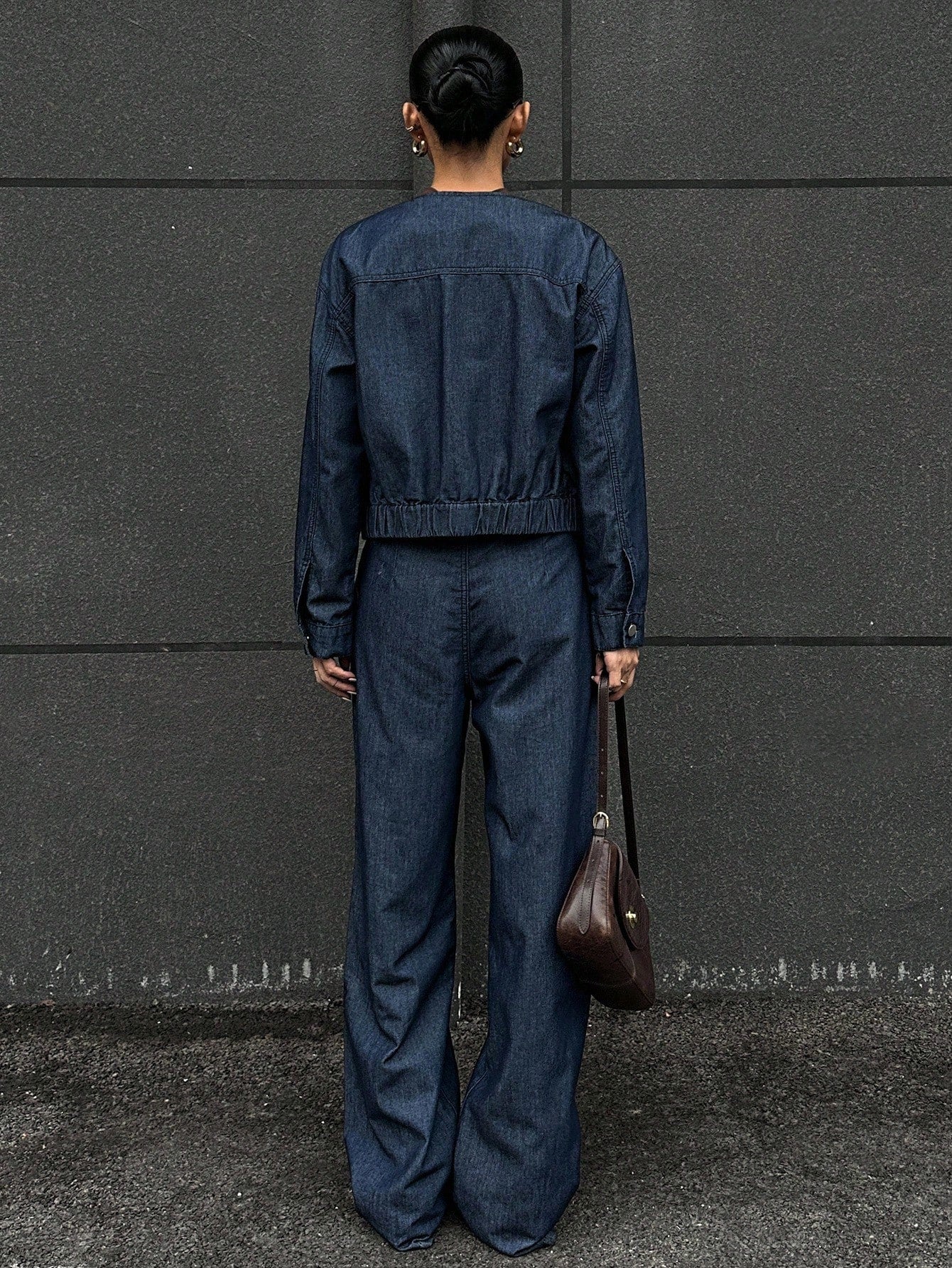 CM-SS660839 Women Elegant Seoul Style Round Neck Long Sleeve Loose Top With Wide Leg Jeans - Set