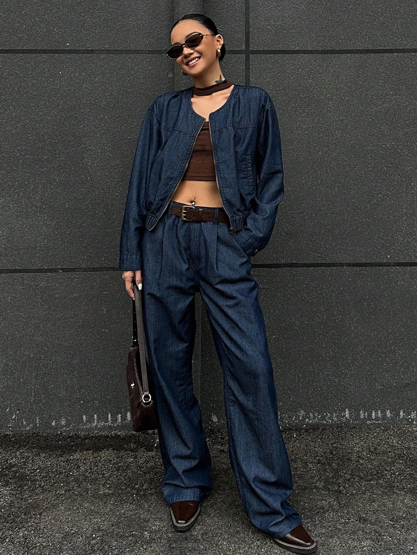 CM-SS660839 Women Elegant Seoul Style Round Neck Long Sleeve Loose Top With Wide Leg Jeans - Set