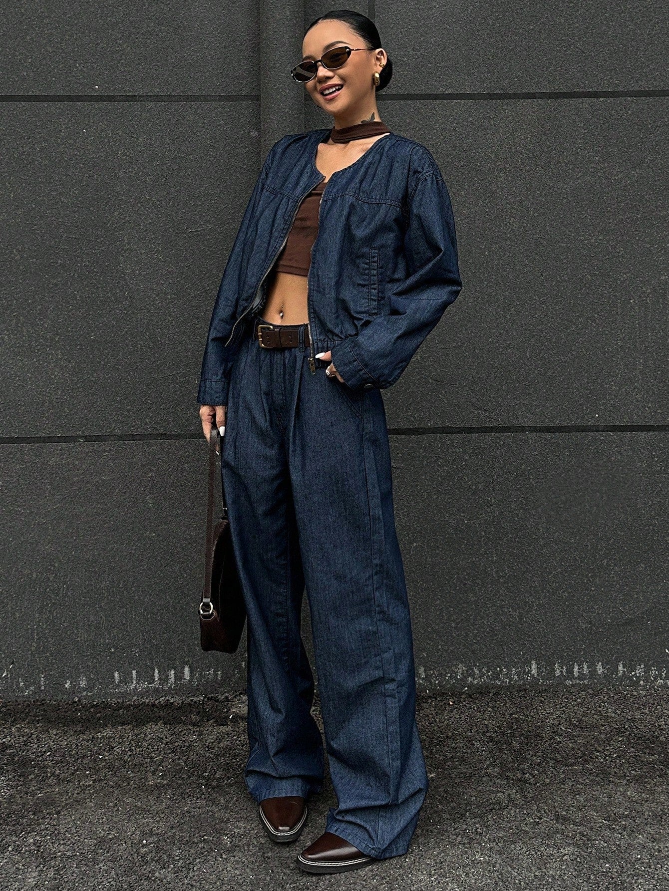 CM-SS660839 Women Elegant Seoul Style Round Neck Long Sleeve Loose Top With Wide Leg Jeans - Set