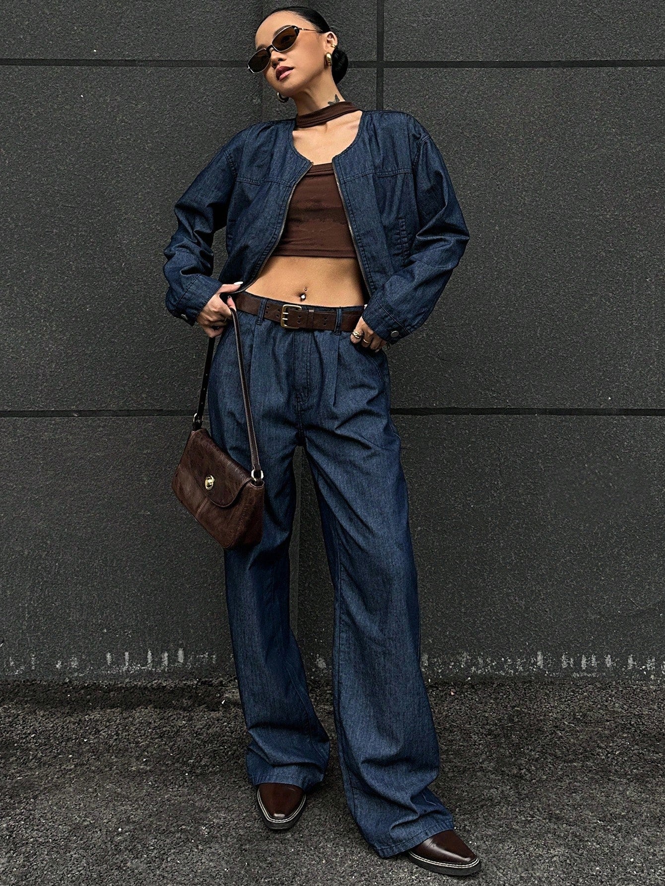 CM-SS660839 Women Elegant Seoul Style Round Neck Long Sleeve Loose Top With Wide Leg Jeans - Set