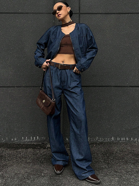 CM-SS660839 Women Elegant Seoul Style Round Neck Long Sleeve Loose Top With Wide Leg Jeans - Set