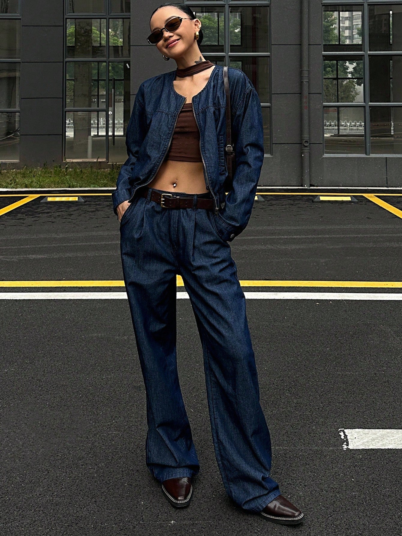 CM-SS660839 Women Elegant Seoul Style Round Neck Long Sleeve Loose Top With Wide Leg Jeans - Set
