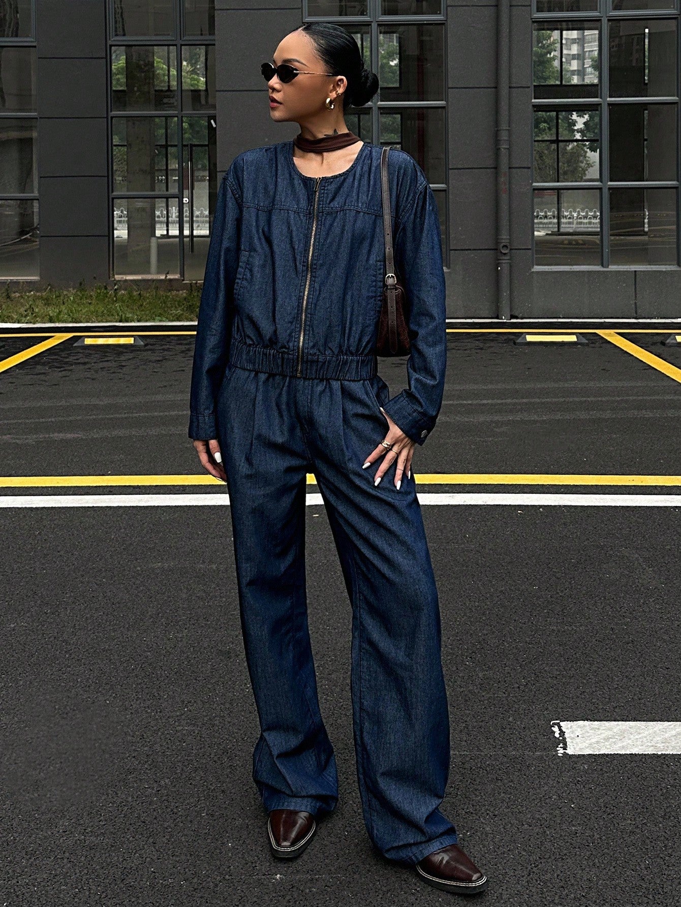 CM-SS660839 Women Elegant Seoul Style Round Neck Long Sleeve Loose Top With Wide Leg Jeans - Set