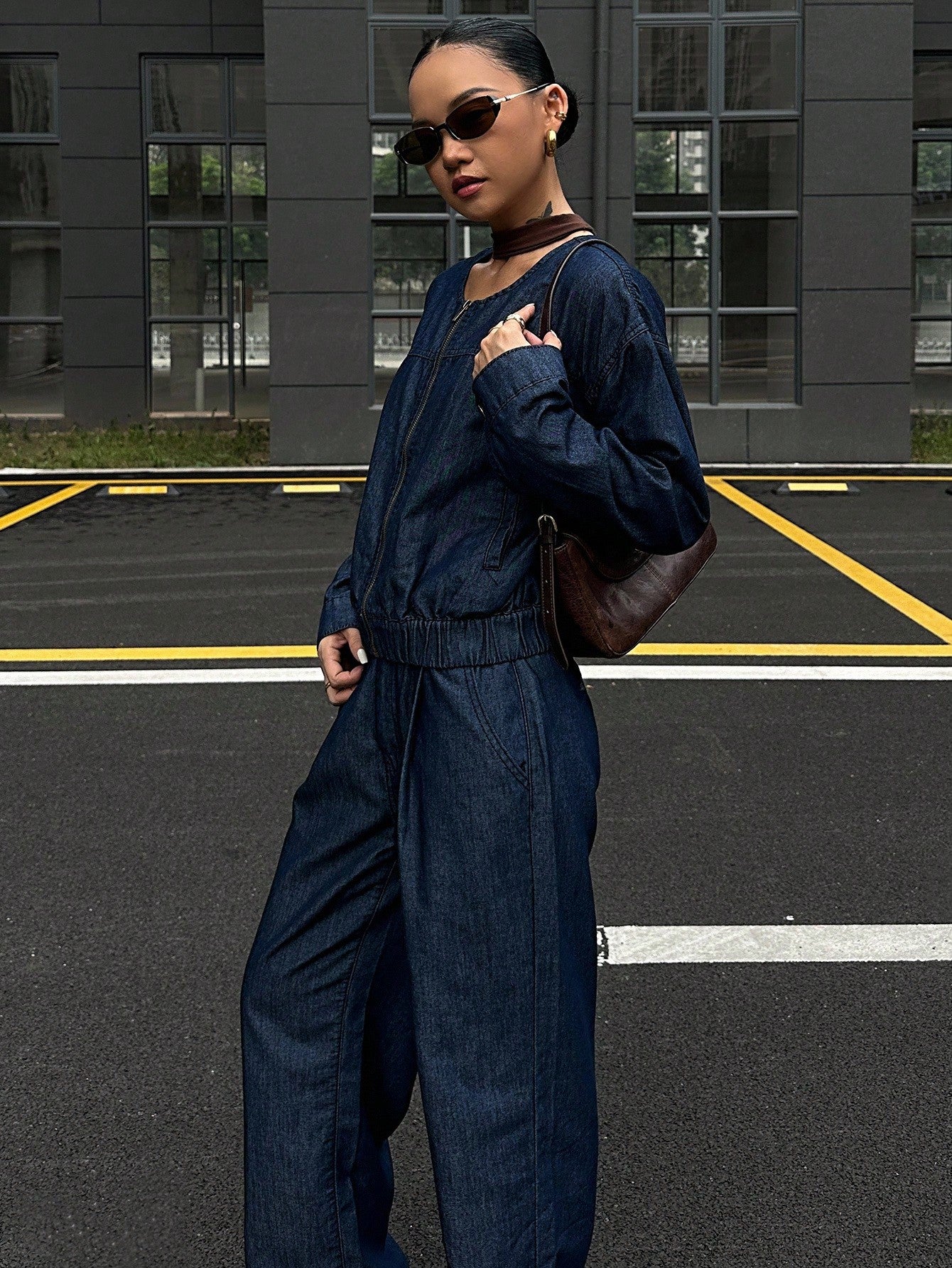 CM-SS660839 Women Elegant Seoul Style Round Neck Long Sleeve Loose Top With Wide Leg Jeans - Set