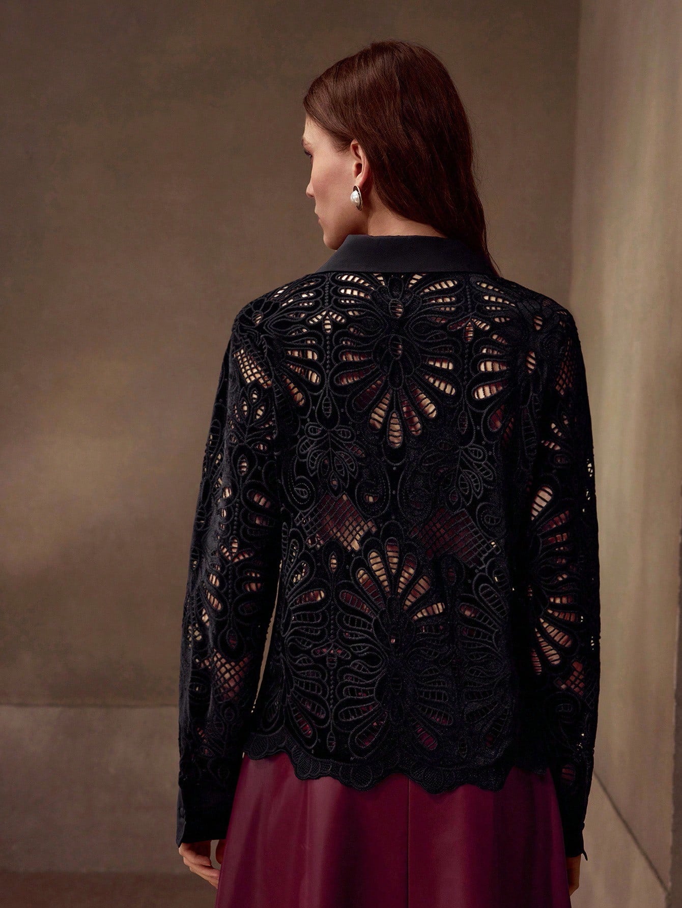 CM-TS641178 Women Elegant Seoul Style Collar Neckline Long Sleeve Hollow Embroidered Blouse - Black