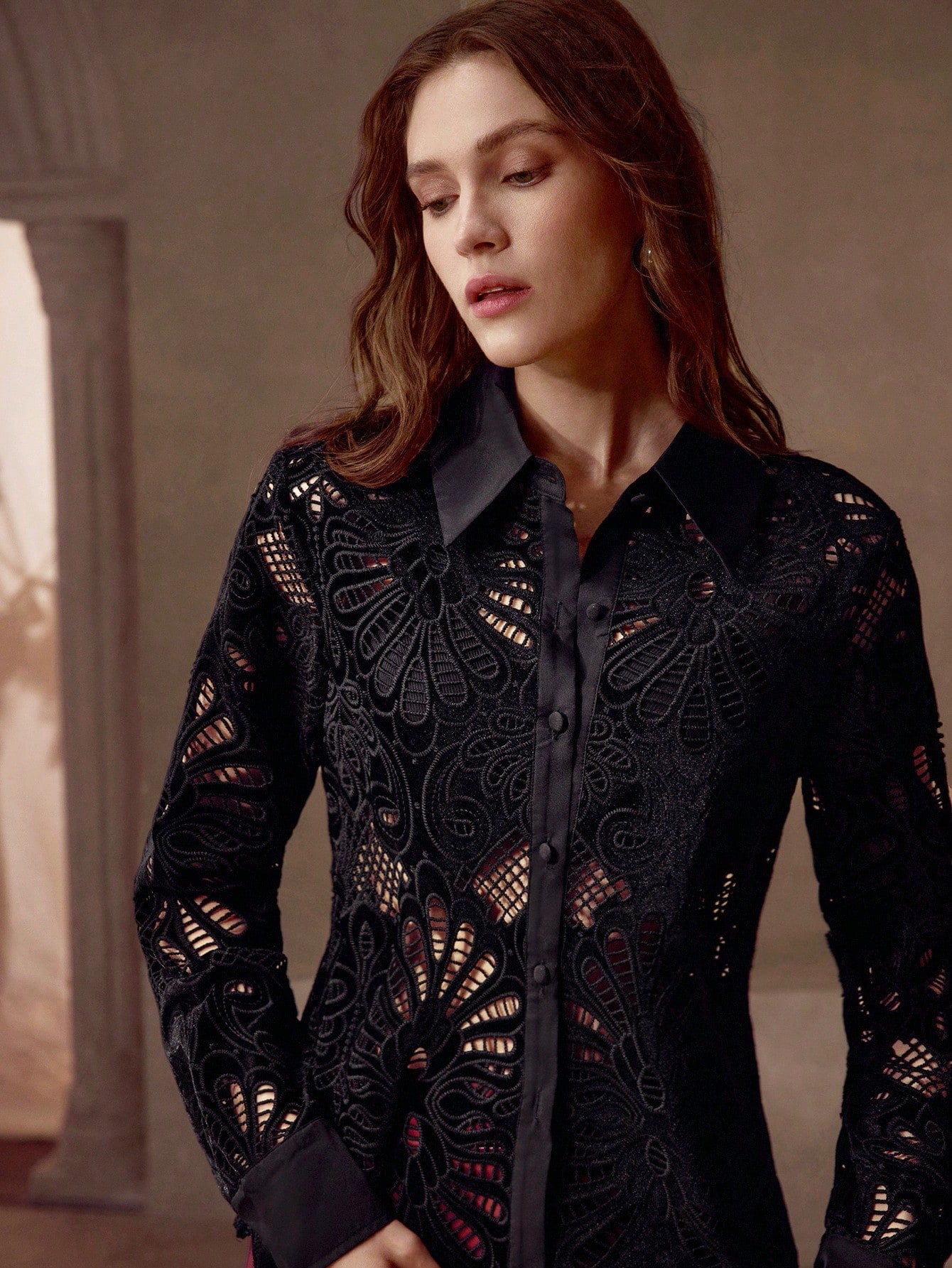 CM-TS641178 Women Elegant Seoul Style Collar Neckline Long Sleeve Hollow Embroidered Blouse - Black